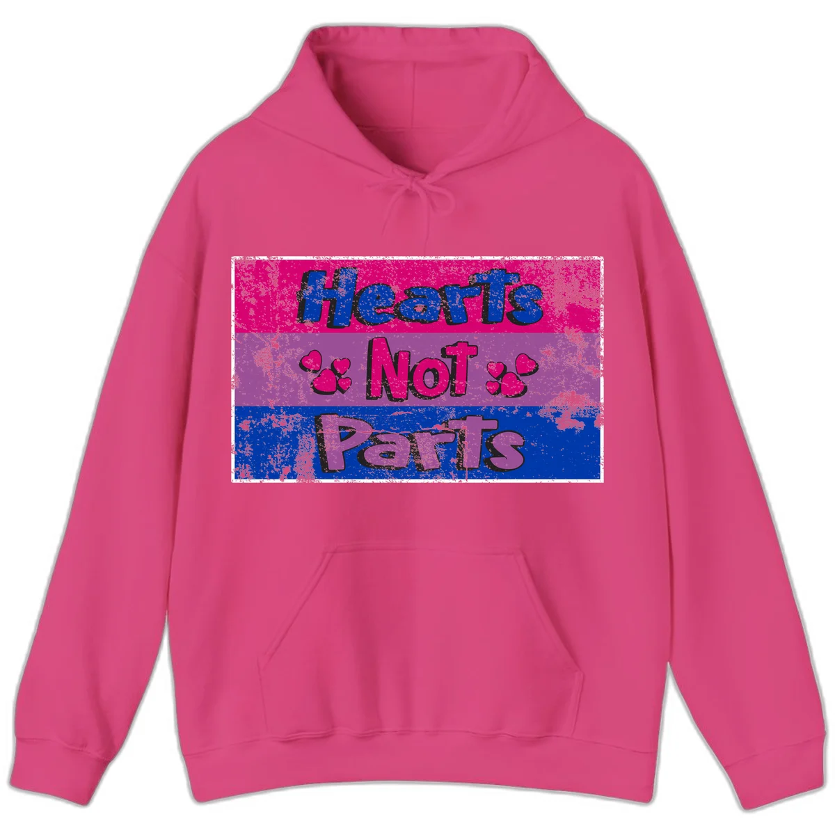 Distressed colorblock design with blue, magenta, and purple stripes featuring 'Hearts NOT Parts' text with heart icons, pride message artwork in Heliconia