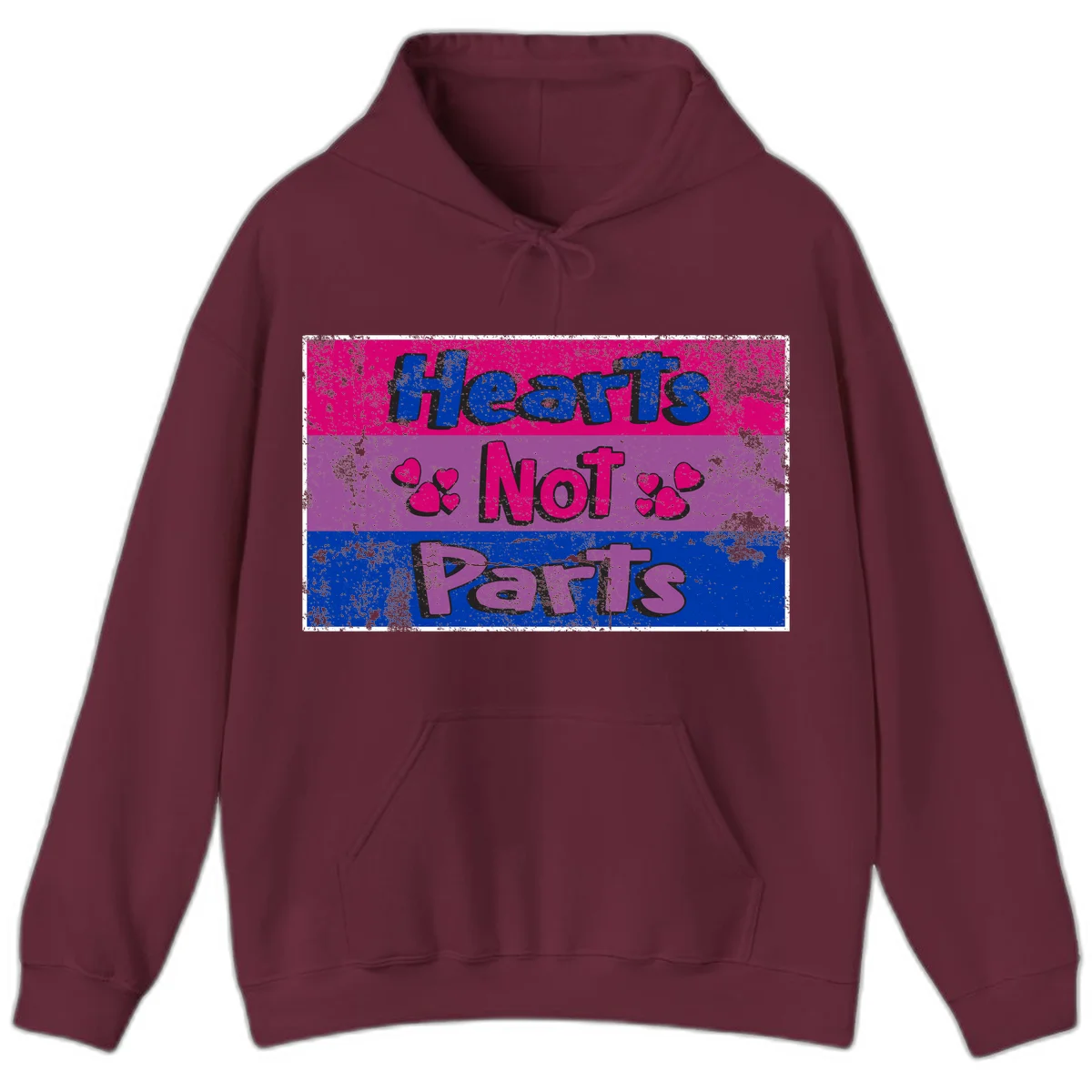 Distressed colorblock design with blue, magenta, and purple stripes featuring 'Hearts NOT Parts' text with heart icons, pride message artwork in Maroon