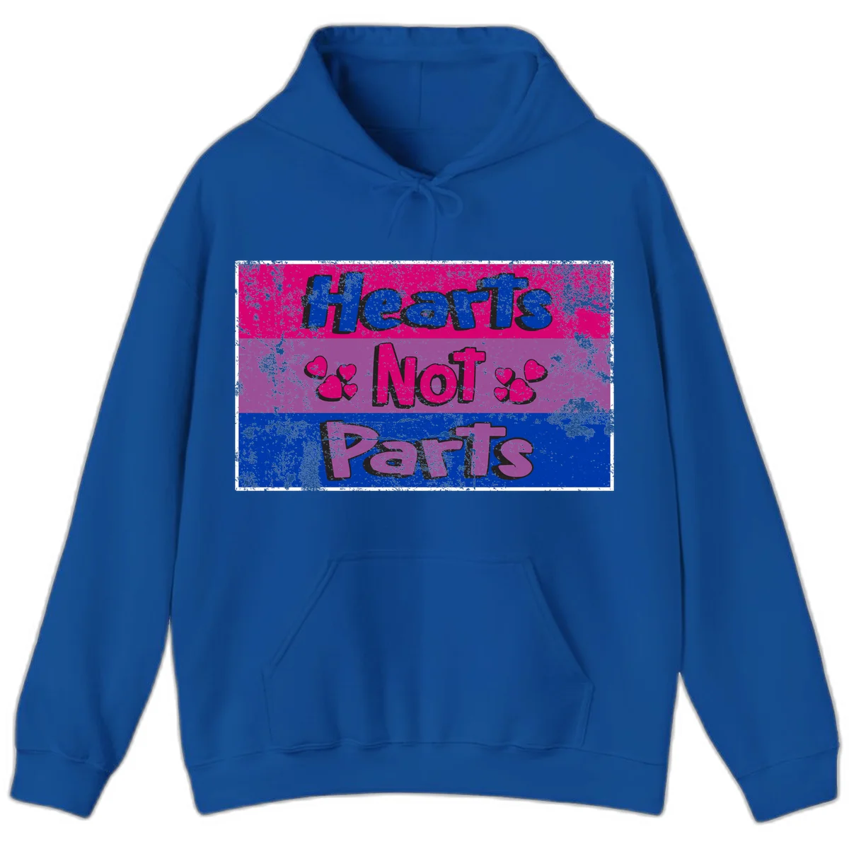 Distressed colorblock design with blue, magenta, and purple stripes featuring 'Hearts NOT Parts' text with heart icons, pride message artwork in Royal