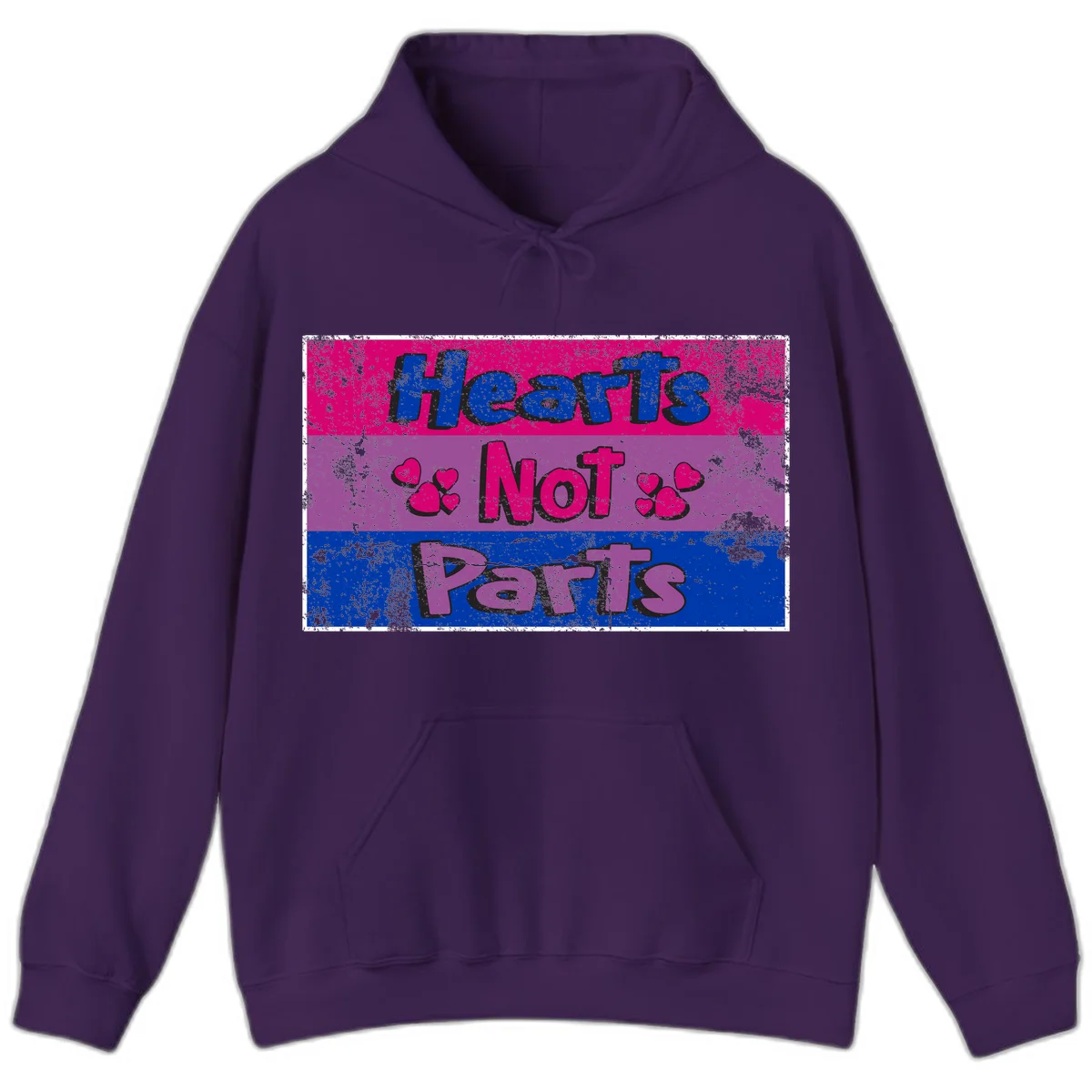 Distressed colorblock design with blue, magenta, and purple stripes featuring 'Hearts NOT Parts' text with heart icons, pride message artwork in Purple