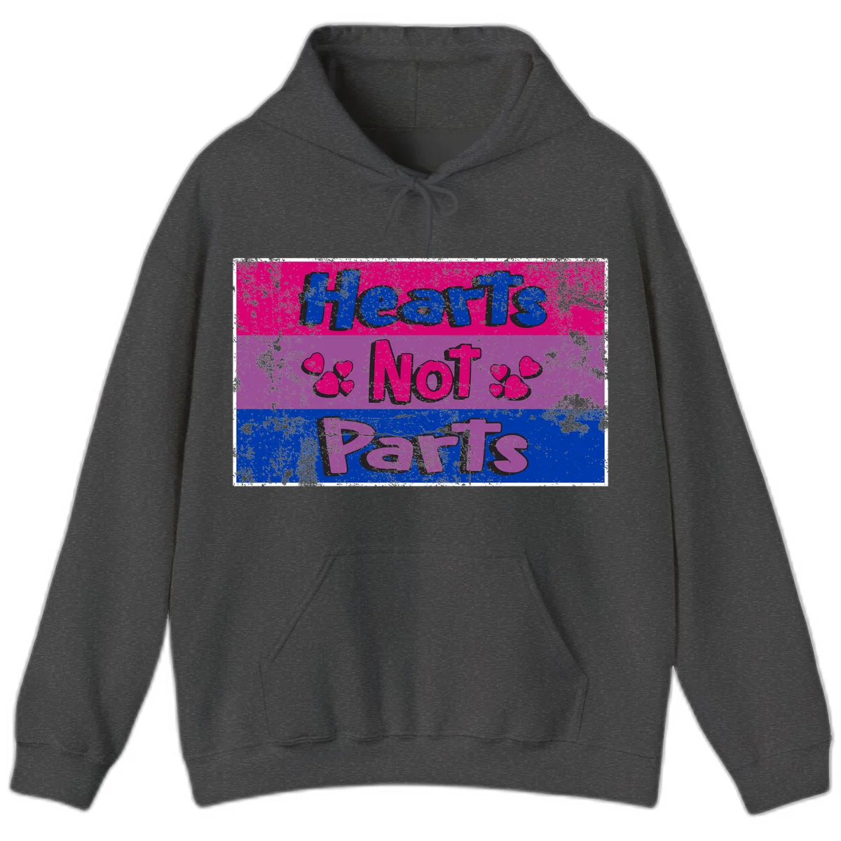 Distressed colorblock design with blue, magenta, and purple stripes featuring 'Hearts NOT Parts' text with heart icons, pride message artwork in Dark Heather