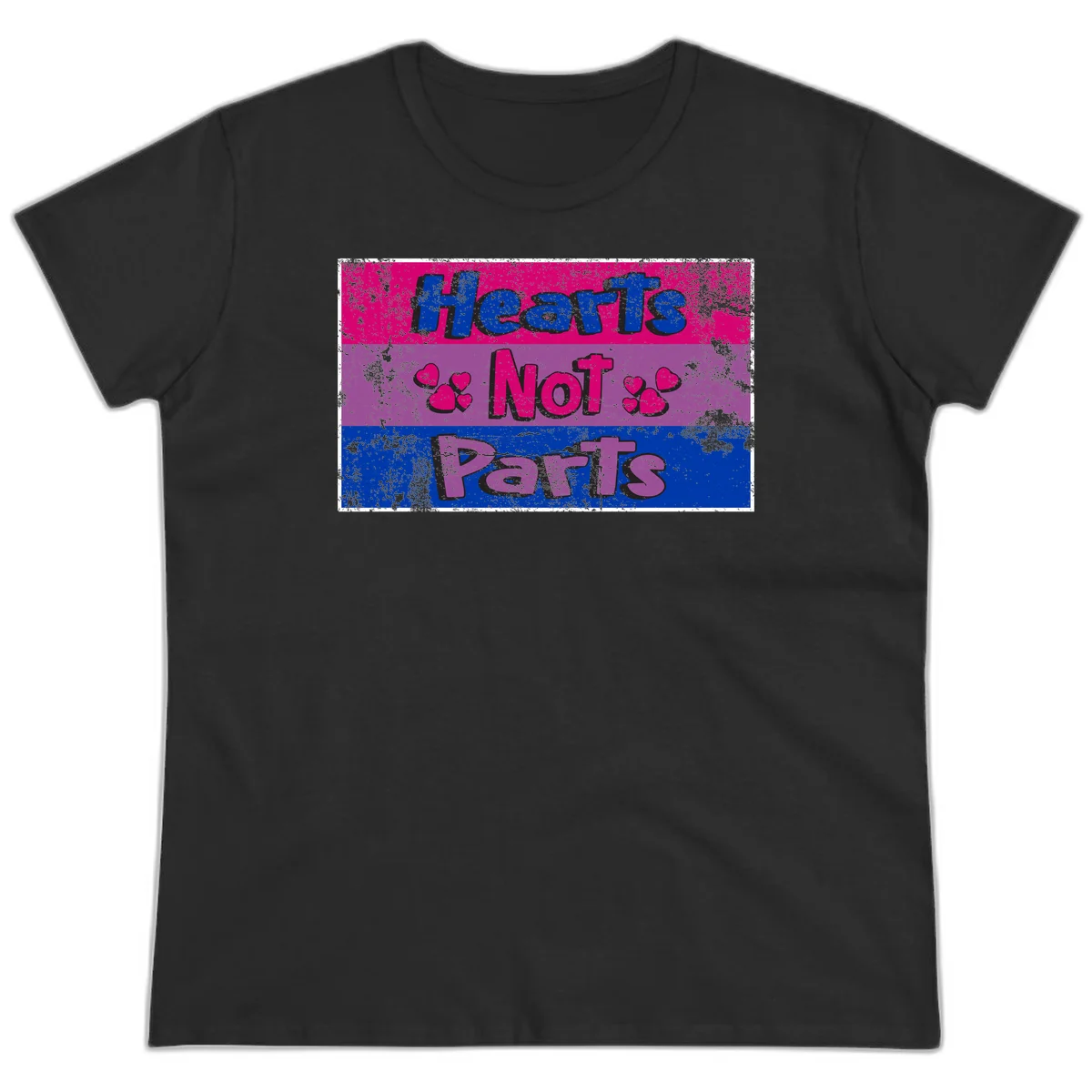 Distressed colorblock design with blue, magenta, and purple stripes featuring 'Hearts NOT Parts' text with heart icons, pride message artwork in Black
