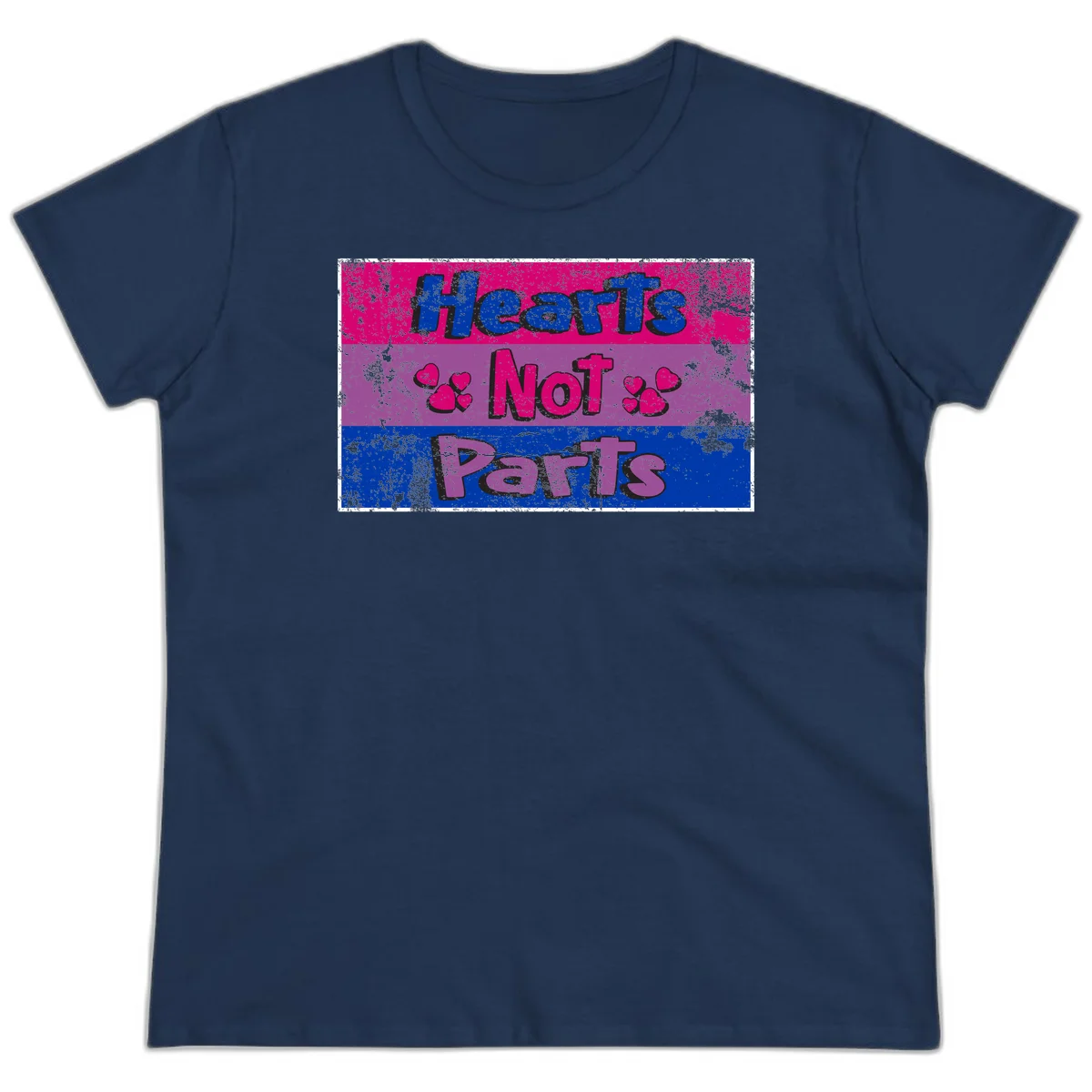 Distressed colorblock design with blue, magenta, and purple stripes featuring 'Hearts NOT Parts' text with heart icons, pride message artwork in Navy