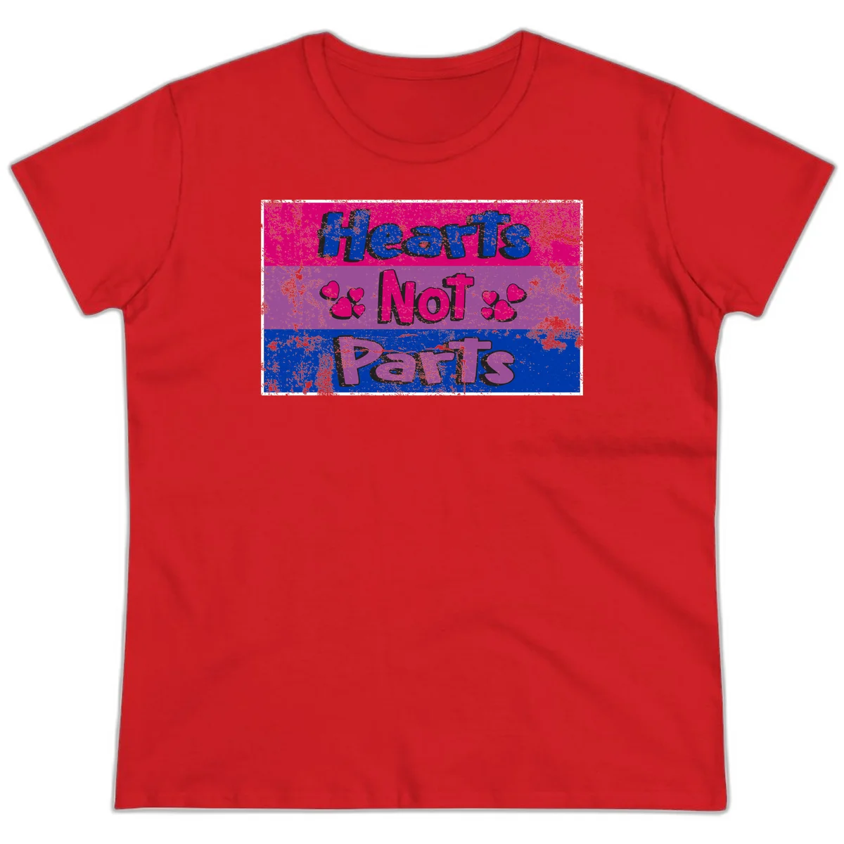 Distressed colorblock design with blue, magenta, and purple stripes featuring 'Hearts NOT Parts' text with heart icons, pride message artwork in Red