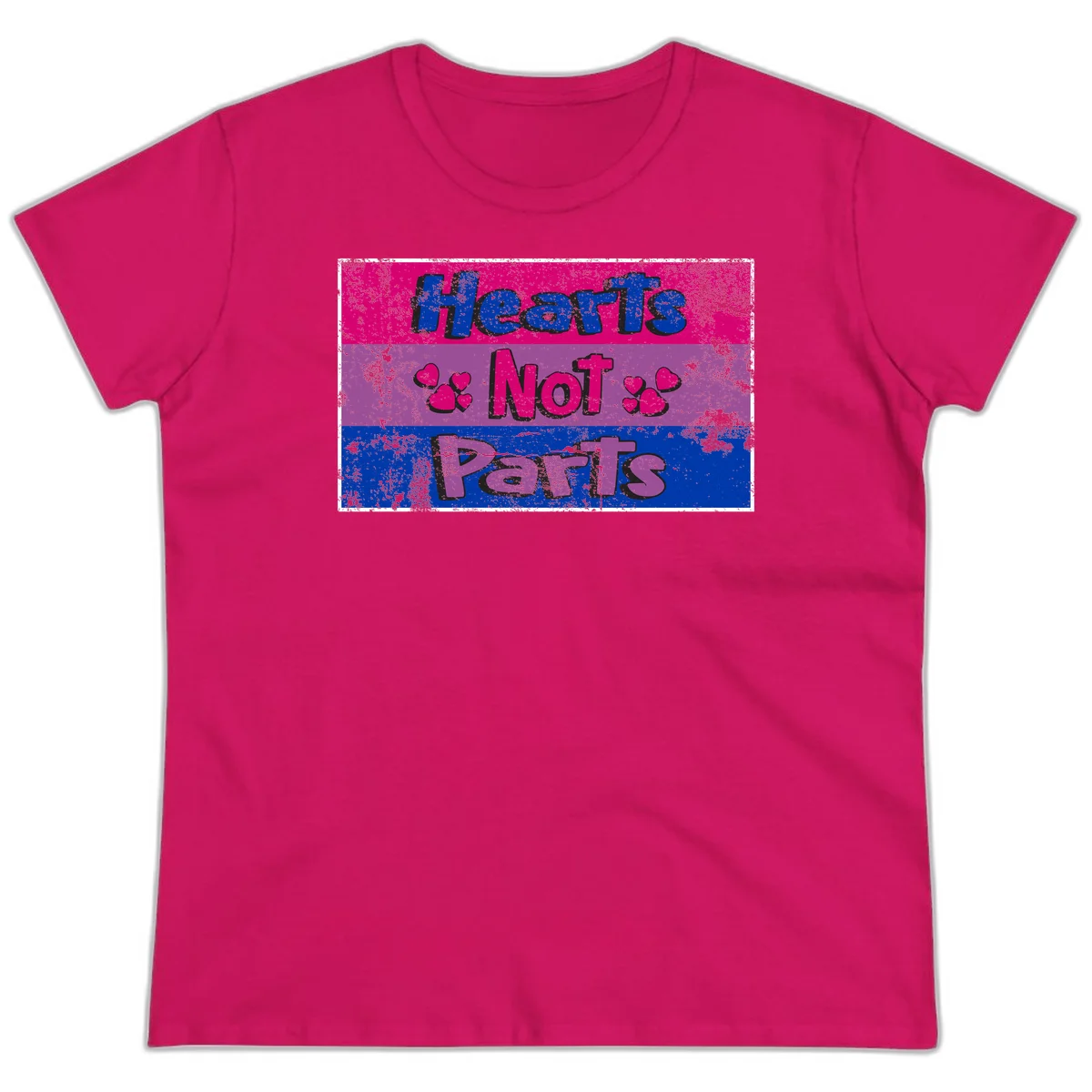Distressed colorblock design with blue, magenta, and purple stripes featuring 'Hearts NOT Parts' text with heart icons, pride message artwork in Heliconia