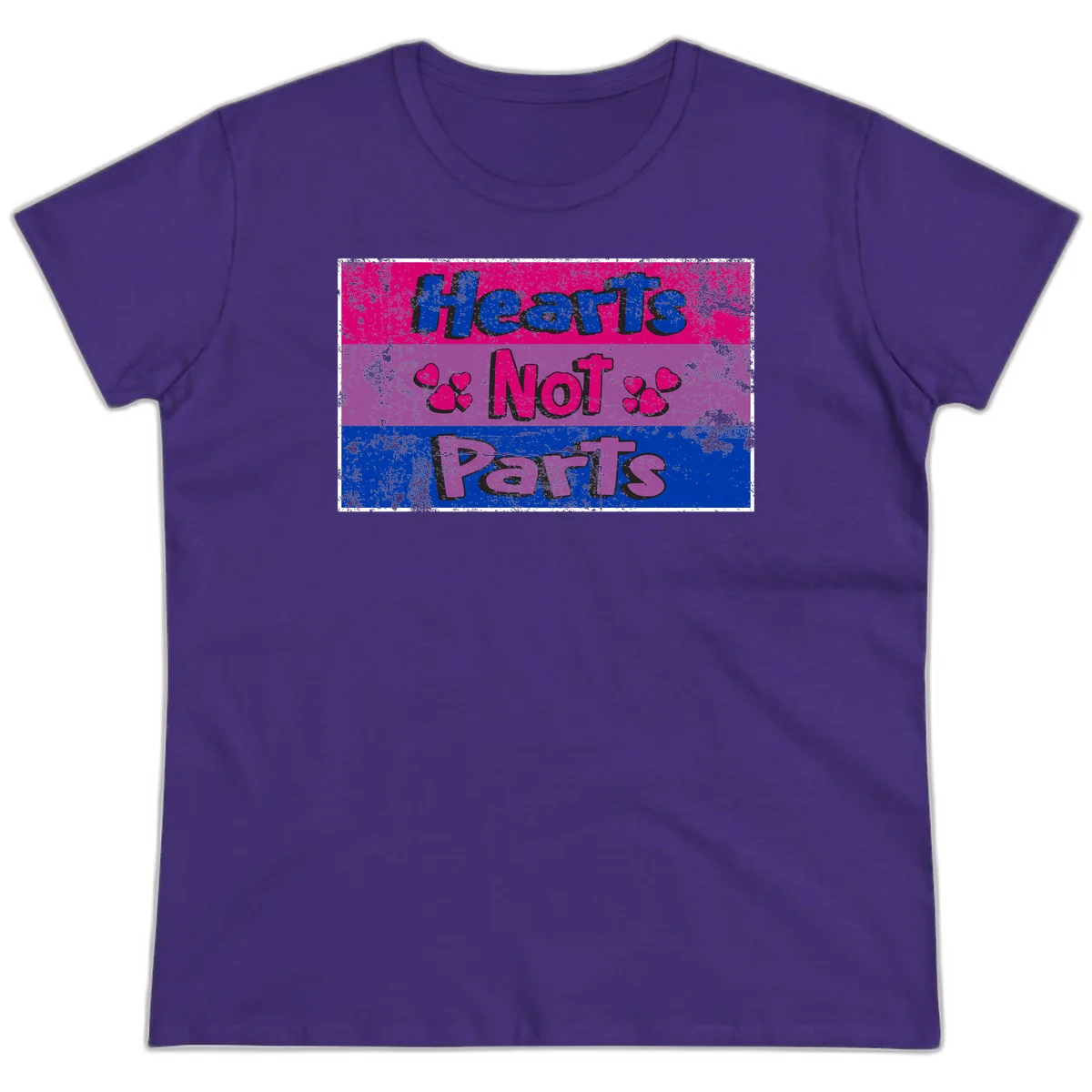Distressed colorblock design with blue, magenta, and purple stripes featuring 'Hearts NOT Parts' text with heart icons, pride message artwork in Purple