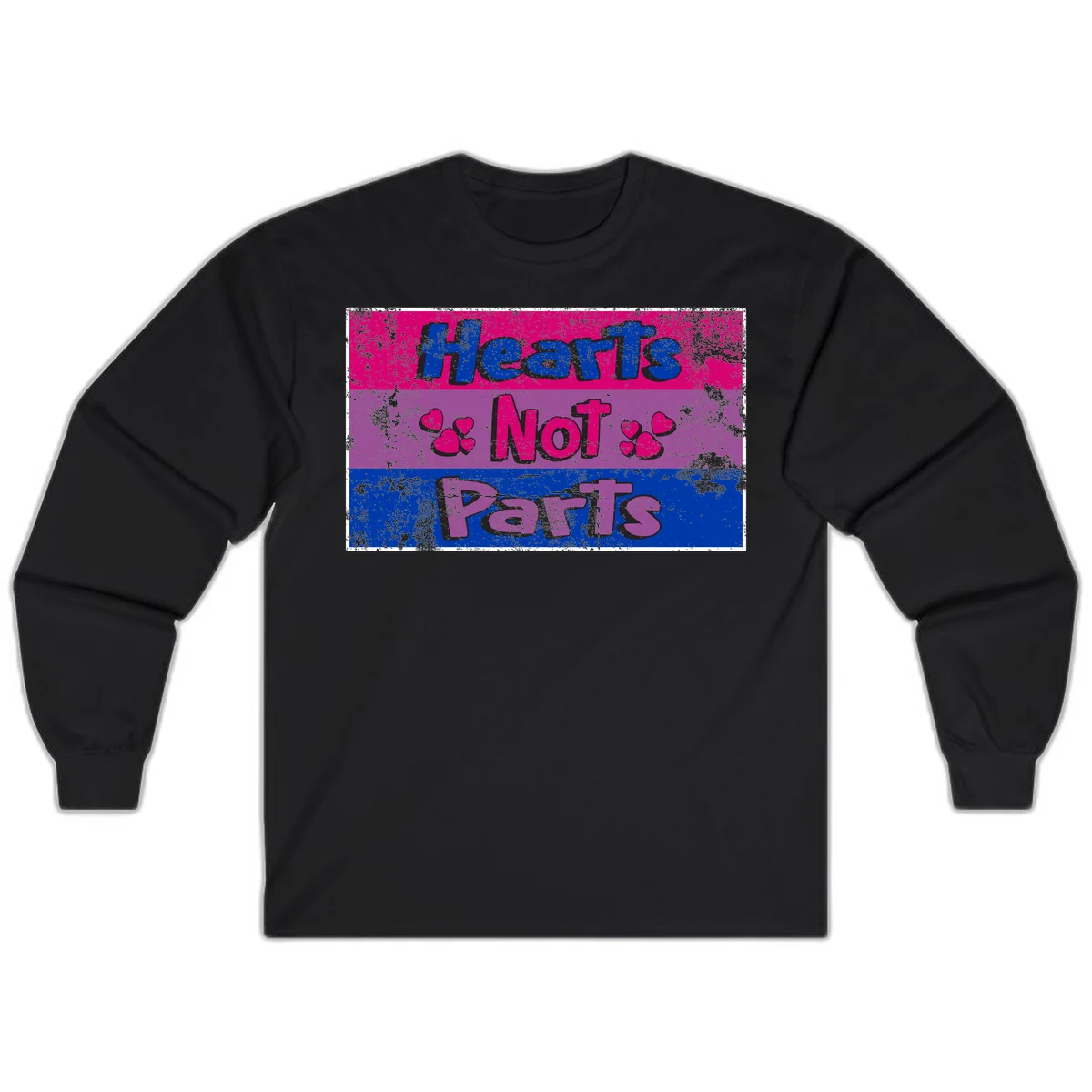 Distressed colorblock design with blue, magenta, and purple stripes featuring 'Hearts NOT Parts' text with heart icons, pride message artwork in Black