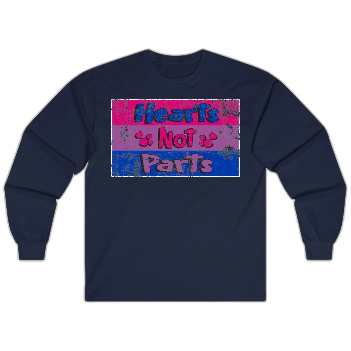 Distressed colorblock design with blue, magenta, and purple stripes featuring 'Hearts NOT Parts' text with heart icons, pride message artwork in Navy