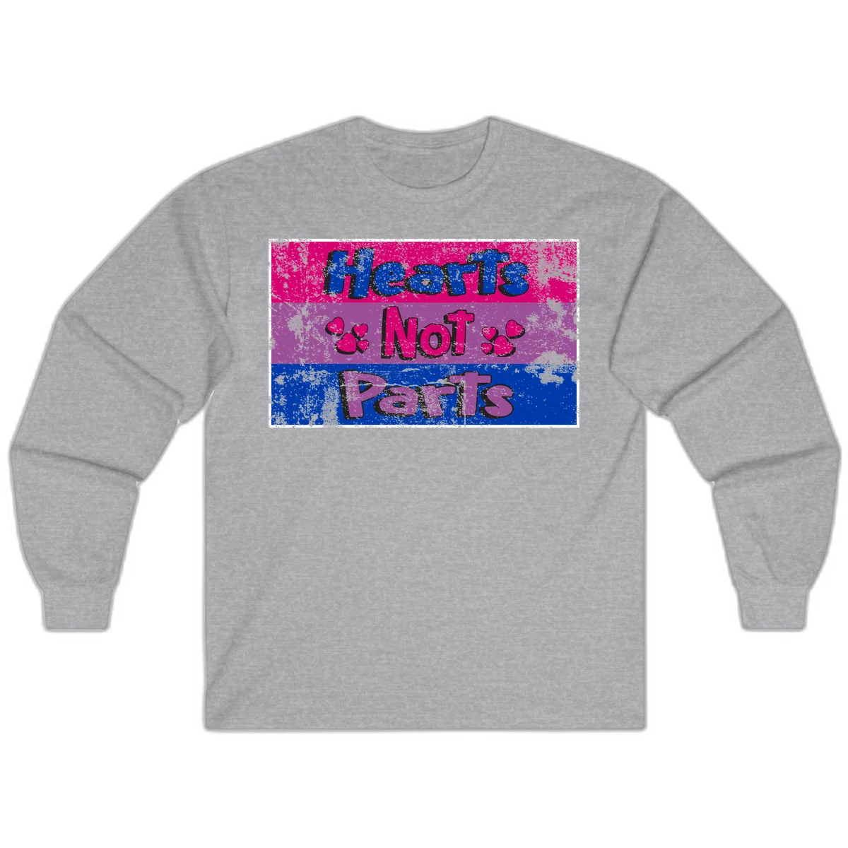 Distressed colorblock design with blue, magenta, and purple stripes featuring 'Hearts NOT Parts' text with heart icons, pride message artwork in Sport Grey