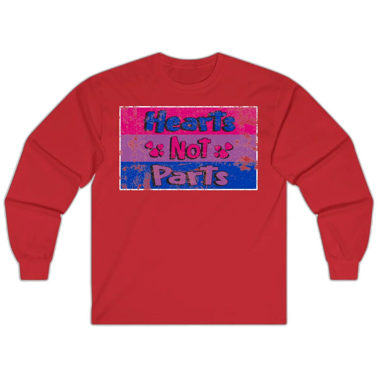 Distressed colorblock design with blue, magenta, and purple stripes featuring 'Hearts NOT Parts' text with heart icons, pride message artwork in Red