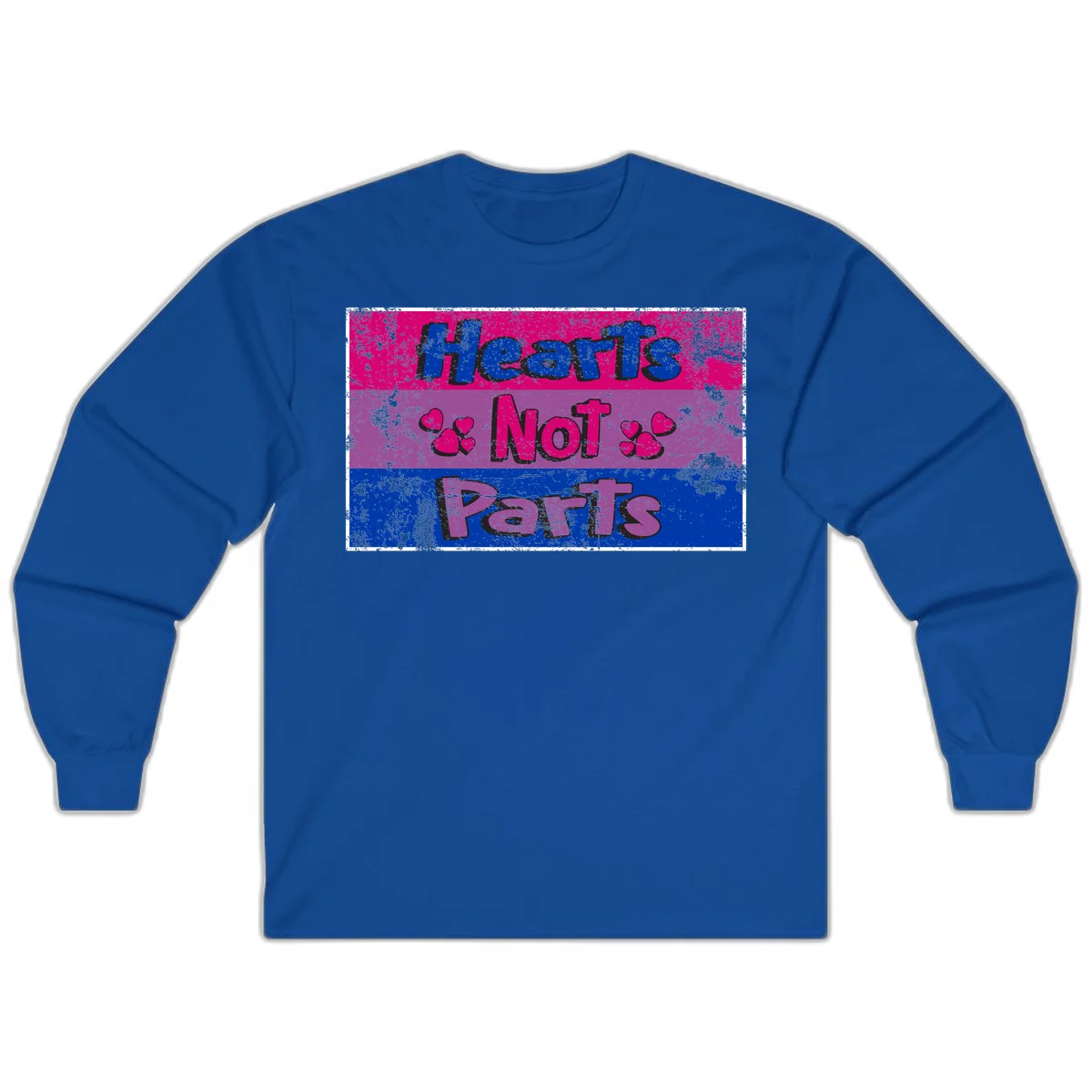 Distressed colorblock design with blue, magenta, and purple stripes featuring 'Hearts NOT Parts' text with heart icons, pride message artwork in Royal