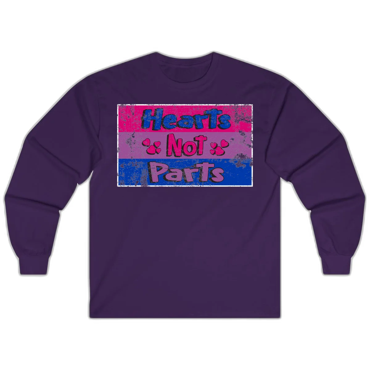 Distressed colorblock design with blue, magenta, and purple stripes featuring 'Hearts NOT Parts' text with heart icons, pride message artwork in Purple