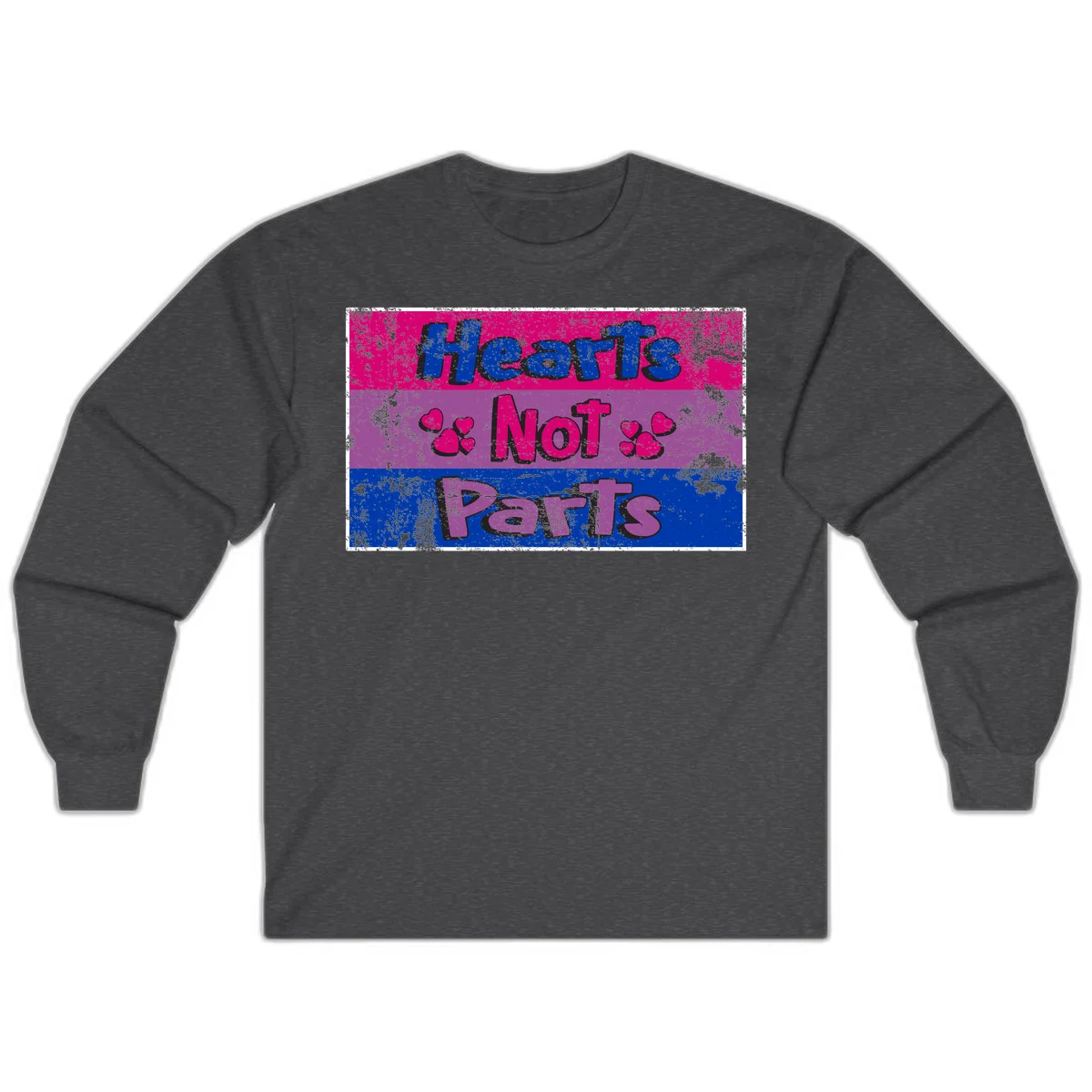 Distressed colorblock design with blue, magenta, and purple stripes featuring 'Hearts NOT Parts' text with heart icons, pride message artwork in Dark Heather