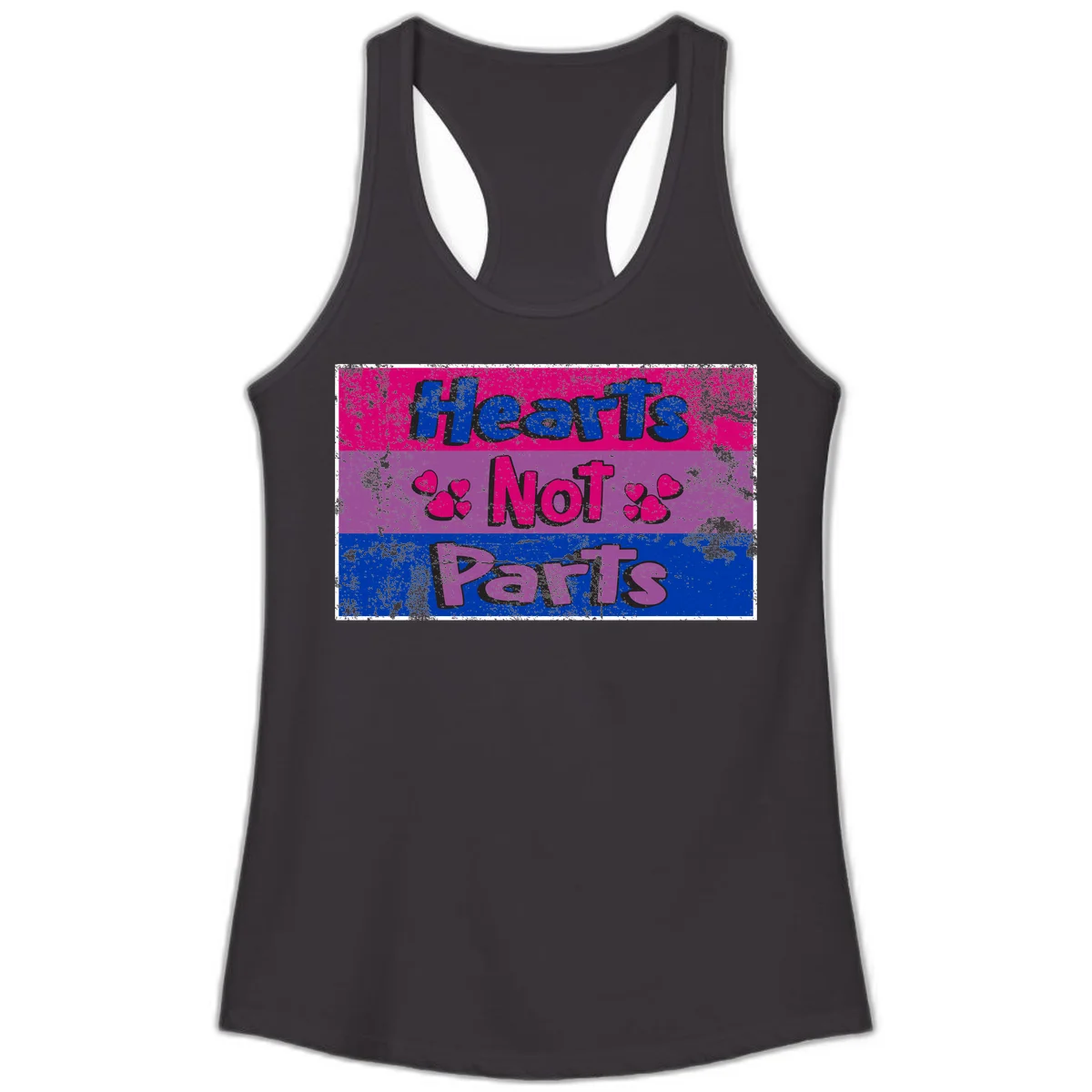 Distressed colorblock design with blue, magenta, and purple stripes featuring 'Hearts NOT Parts' text with heart icons, pride message artwork in Black