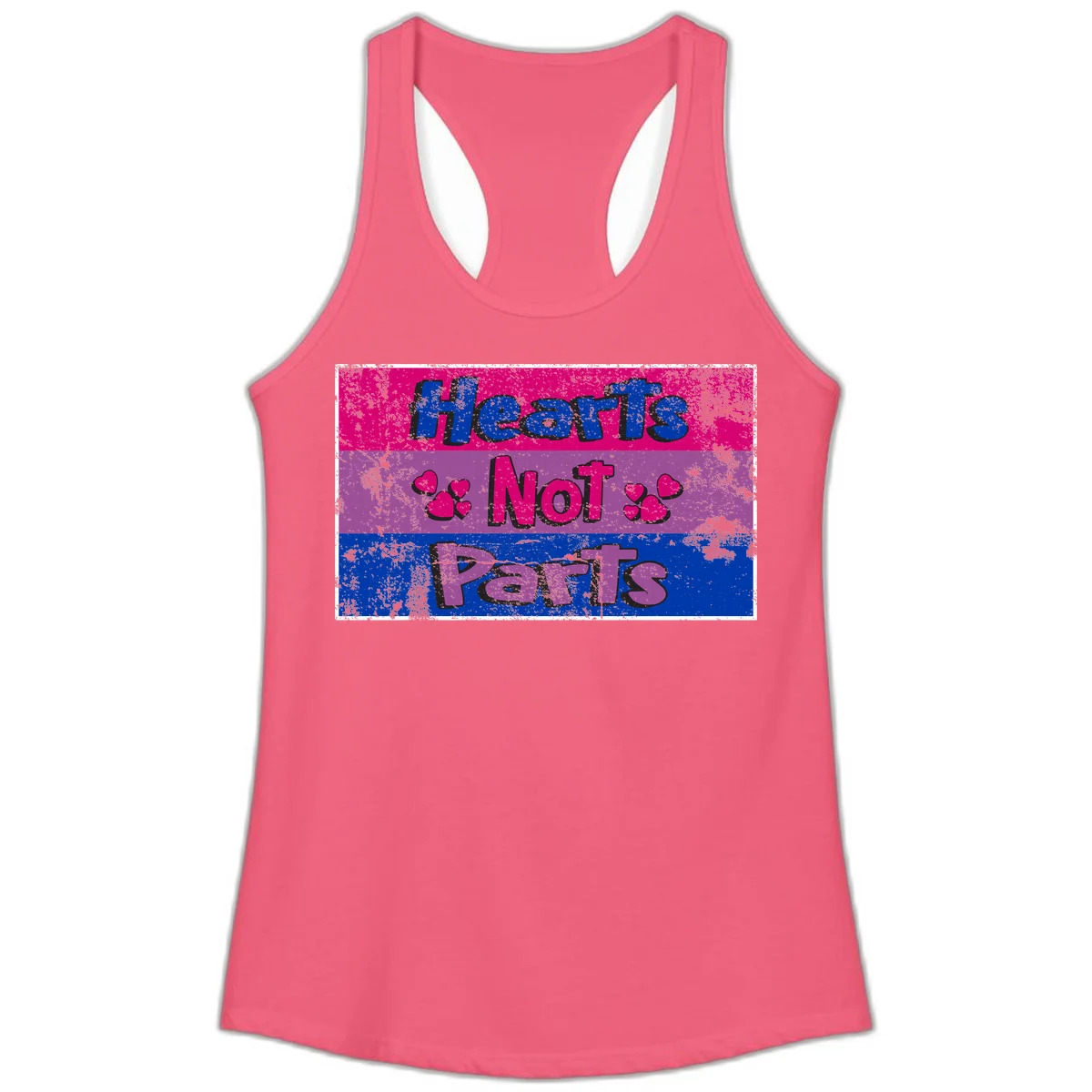 Distressed colorblock design with blue, magenta, and purple stripes featuring 'Hearts NOT Parts' text with heart icons, pride message artwork in Hot Pink