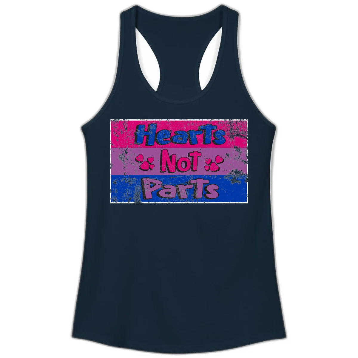 Distressed colorblock design with blue, magenta, and purple stripes featuring 'Hearts NOT Parts' text with heart icons, pride message artwork in Solid Midnight Navy