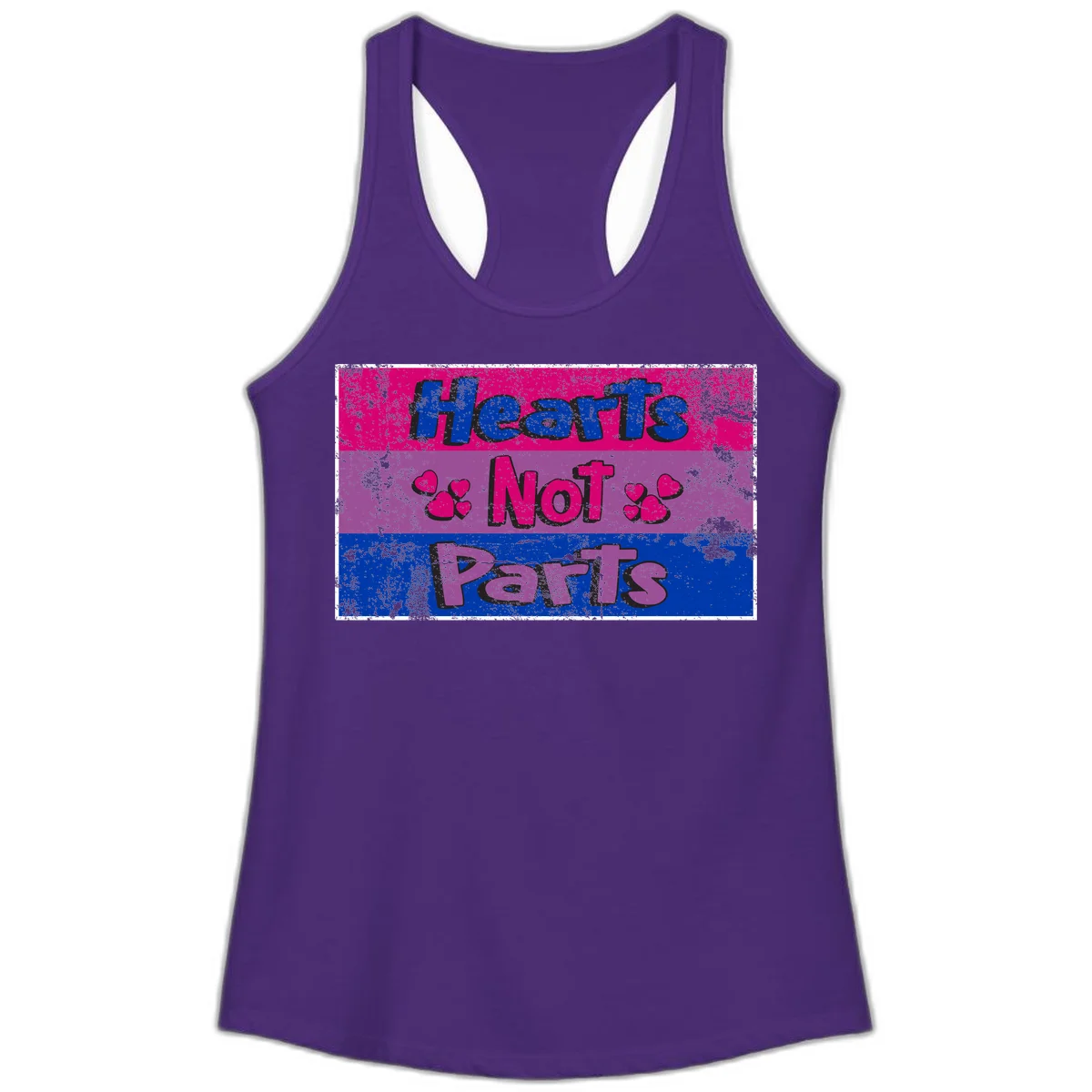 Distressed colorblock design with blue, magenta, and purple stripes featuring 'Hearts NOT Parts' text with heart icons, pride message artwork in Solid Purple Rush