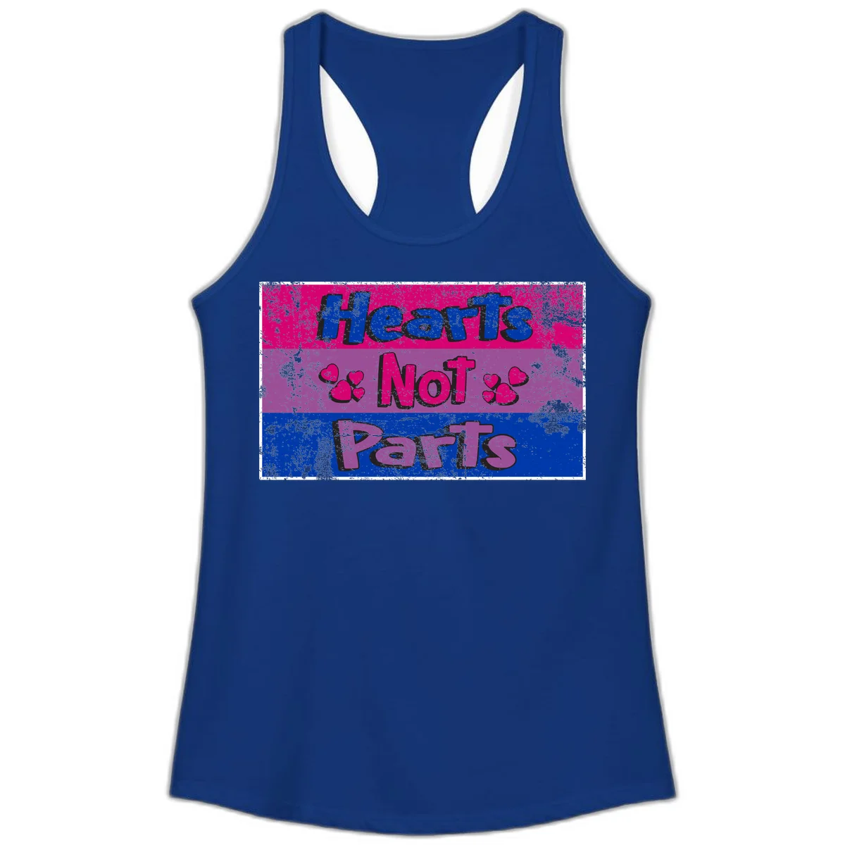 Distressed colorblock design with blue, magenta, and purple stripes featuring 'Hearts NOT Parts' text with heart icons, pride message artwork in Solid Royal