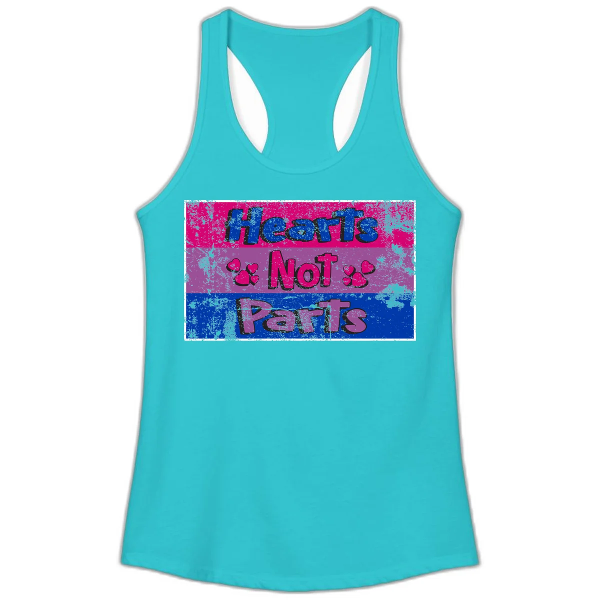 Distressed colorblock design with blue, magenta, and purple stripes featuring 'Hearts NOT Parts' text with heart icons, pride message artwork in Solid Tahiti Blue