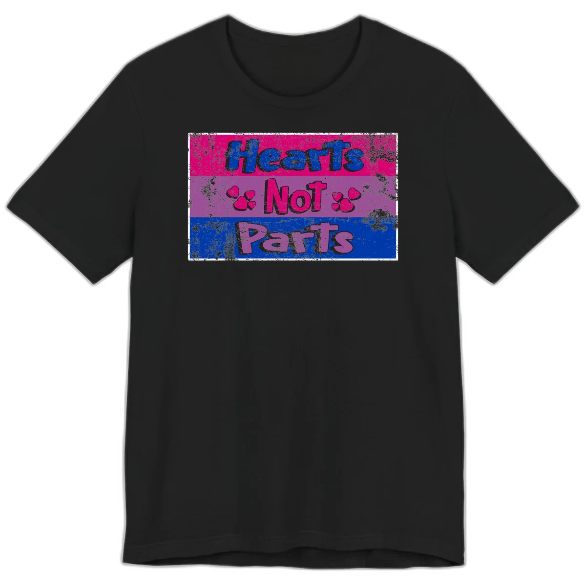 Distressed colorblock design with blue, magenta, and purple stripes featuring 'Hearts NOT Parts' text with heart icons, pride message artwork in Black