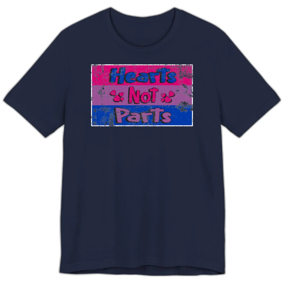 Distressed colorblock design with blue, magenta, and purple stripes featuring 'Hearts NOT Parts' text with heart icons, pride message artwork in Navy