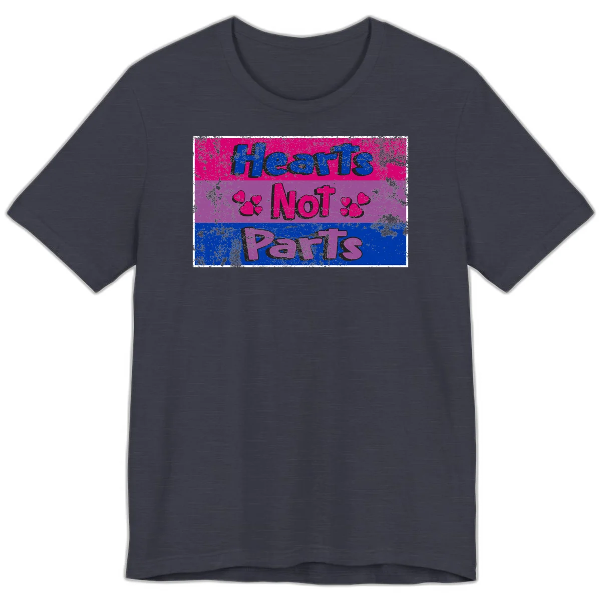 Distressed colorblock design with blue, magenta, and purple stripes featuring 'Hearts NOT Parts' text with heart icons, pride message artwork in Heather Midnight Navy