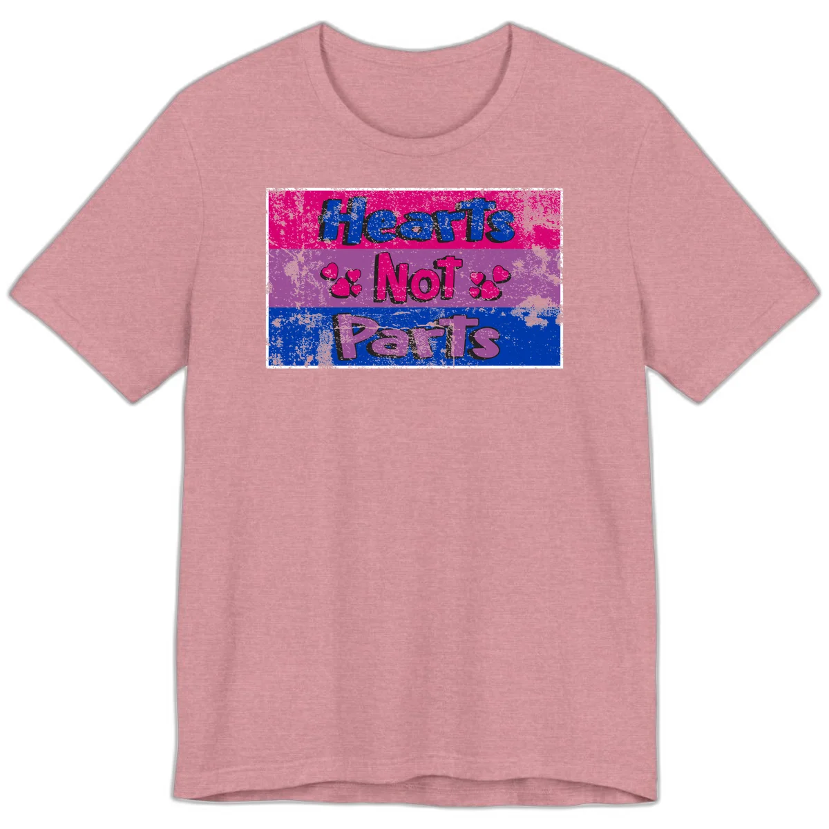 Distressed colorblock design with blue, magenta, and purple stripes featuring 'Hearts NOT Parts' text with heart icons, pride message artwork in Heather Orchid