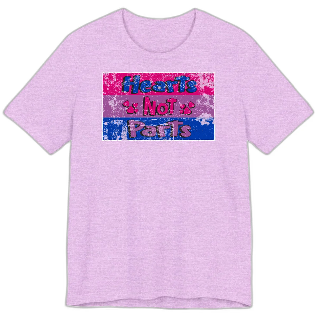 Distressed colorblock design with blue, magenta, and purple stripes featuring 'Hearts NOT Parts' text with heart icons, pride message artwork in Heather Prism Lilac