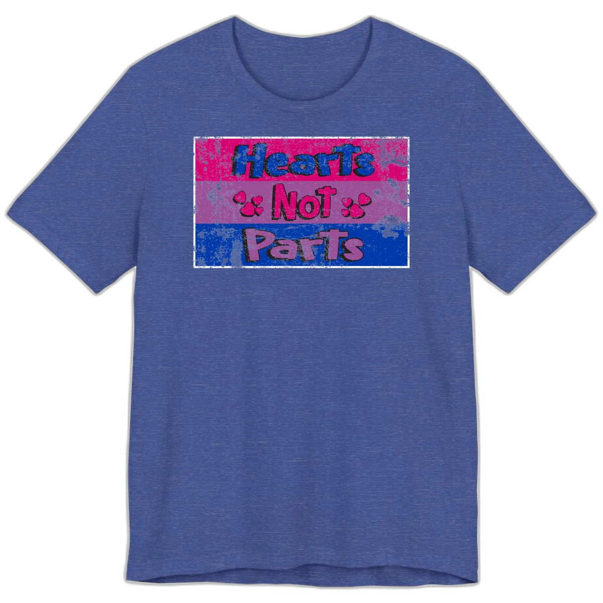 Distressed colorblock design with blue, magenta, and purple stripes featuring 'Hearts NOT Parts' text with heart icons, pride message artwork in Heather True Royal