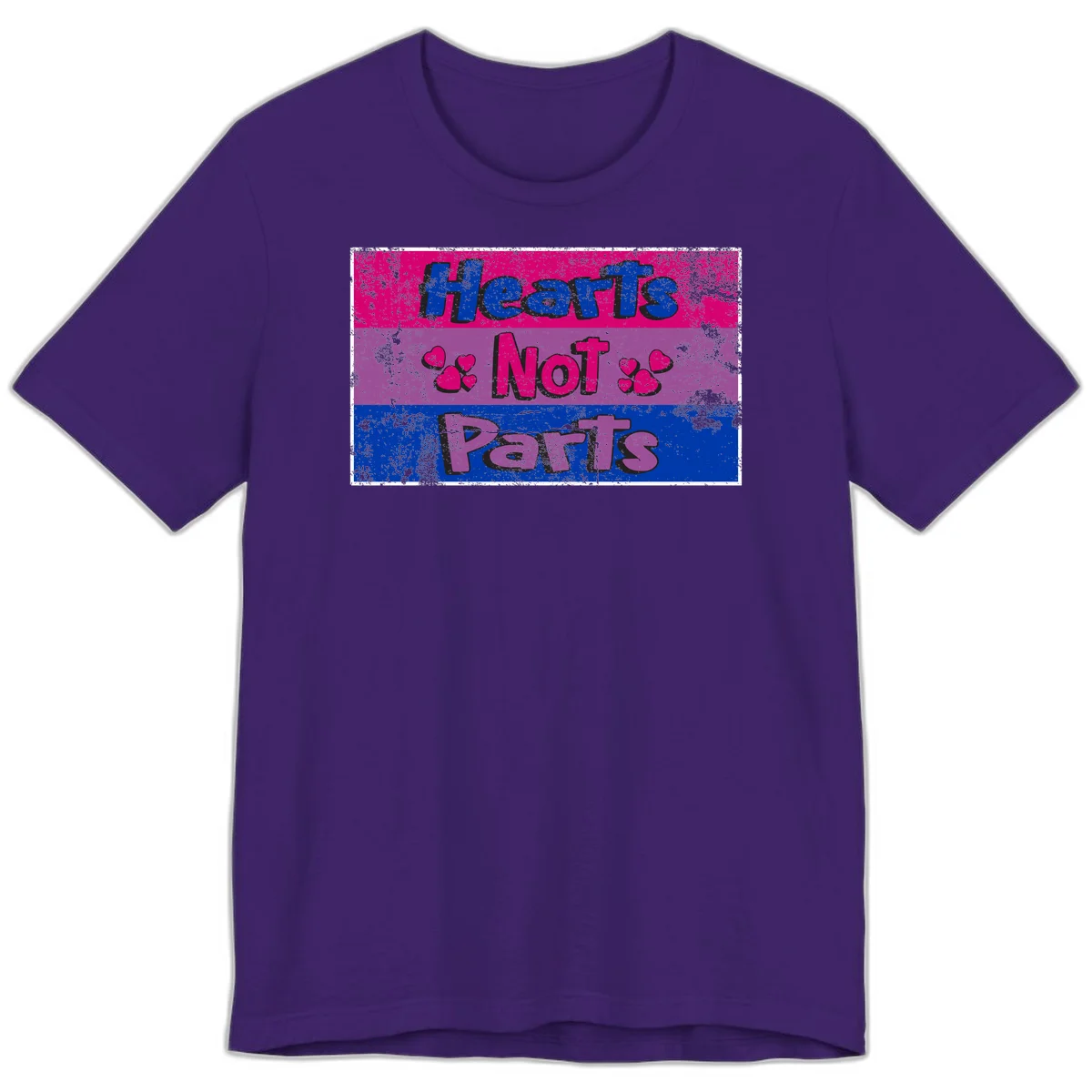 Distressed colorblock design with blue, magenta, and purple stripes featuring 'Hearts NOT Parts' text with heart icons, pride message artwork in Team Purple