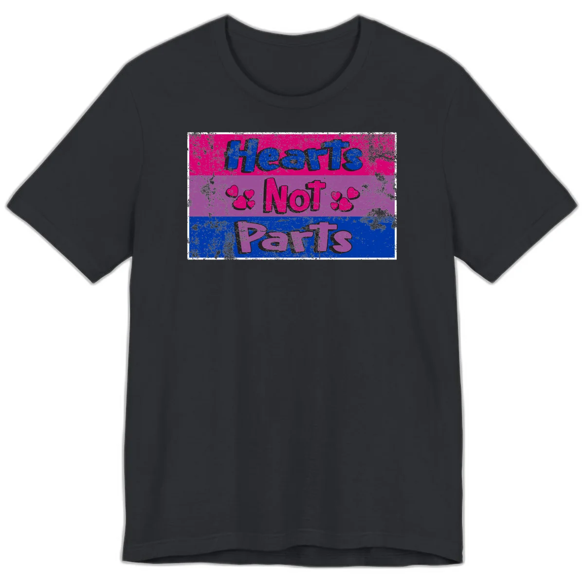 Distressed colorblock design with blue, magenta, and purple stripes featuring 'Hearts NOT Parts' text with heart icons, pride message artwork in Vintage Black