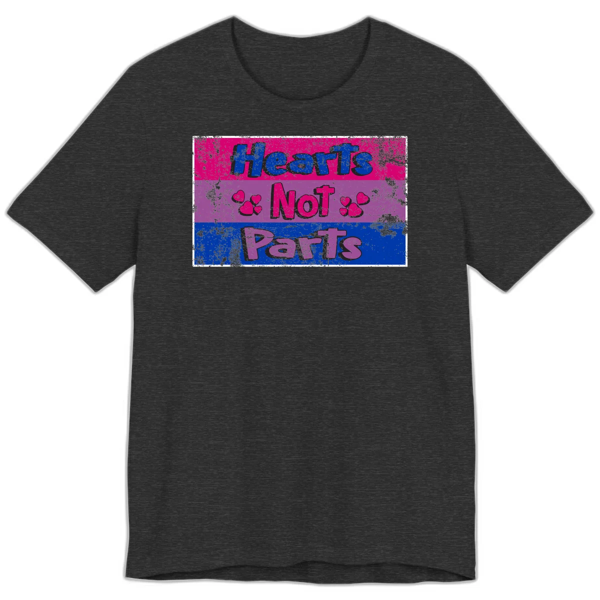 Distressed colorblock design with blue, magenta, and purple stripes featuring 'Hearts NOT Parts' text with heart icons, pride message artwork in Dark Grey Heather