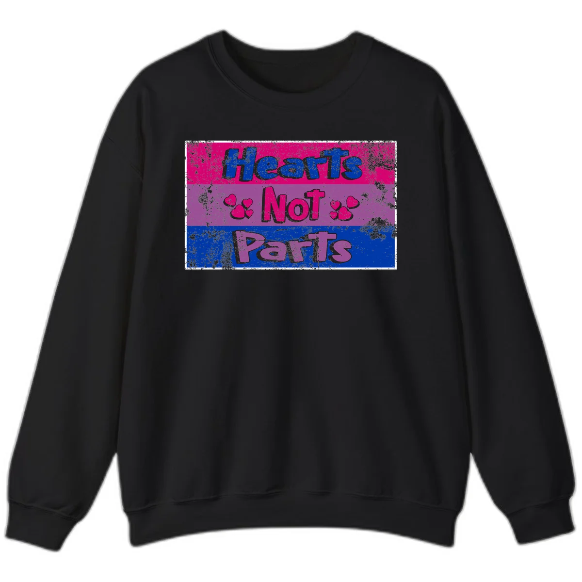 Distressed colorblock design with blue, magenta, and purple stripes featuring 'Hearts NOT Parts' text with heart icons, pride message artwork in Black