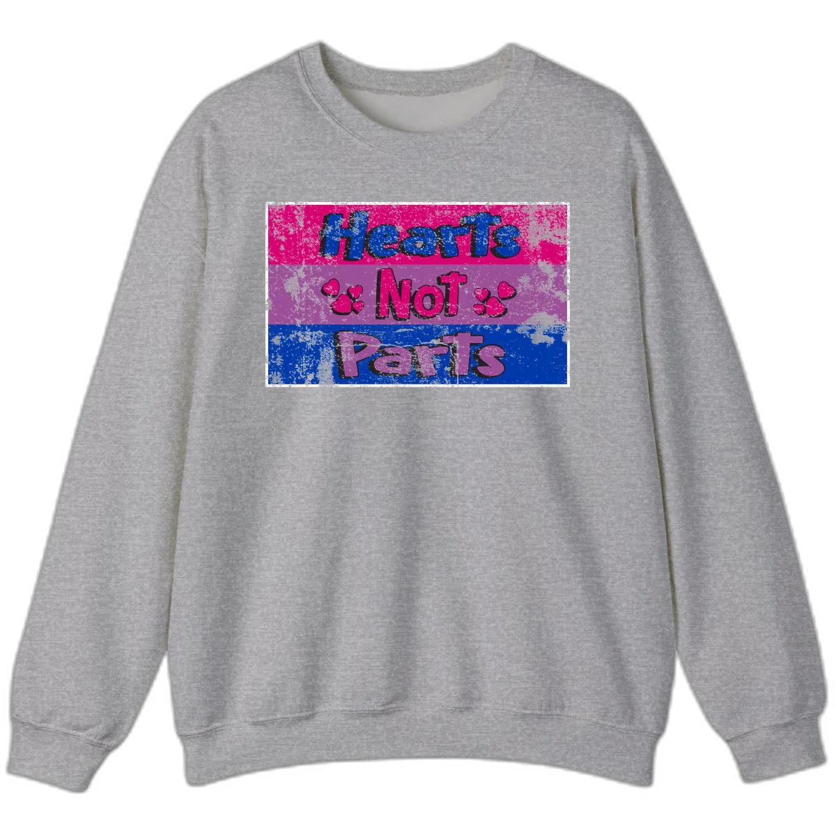 Distressed colorblock design with blue, magenta, and purple stripes featuring 'Hearts NOT Parts' text with heart icons, pride message artwork in Sport Grey