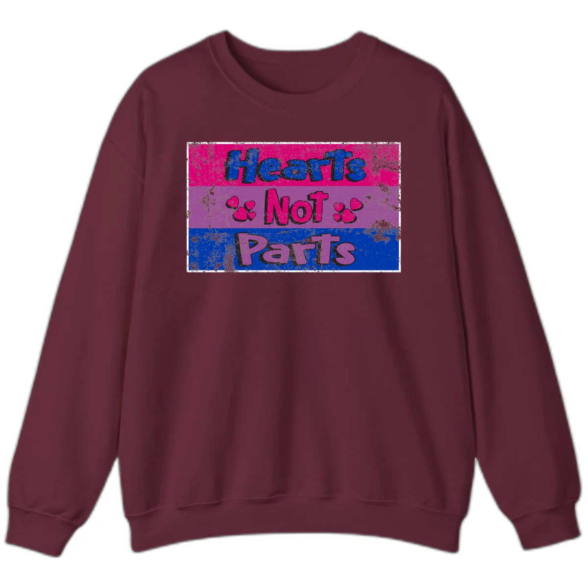 Distressed colorblock design with blue, magenta, and purple stripes featuring 'Hearts NOT Parts' text with heart icons, pride message artwork in Maroon
