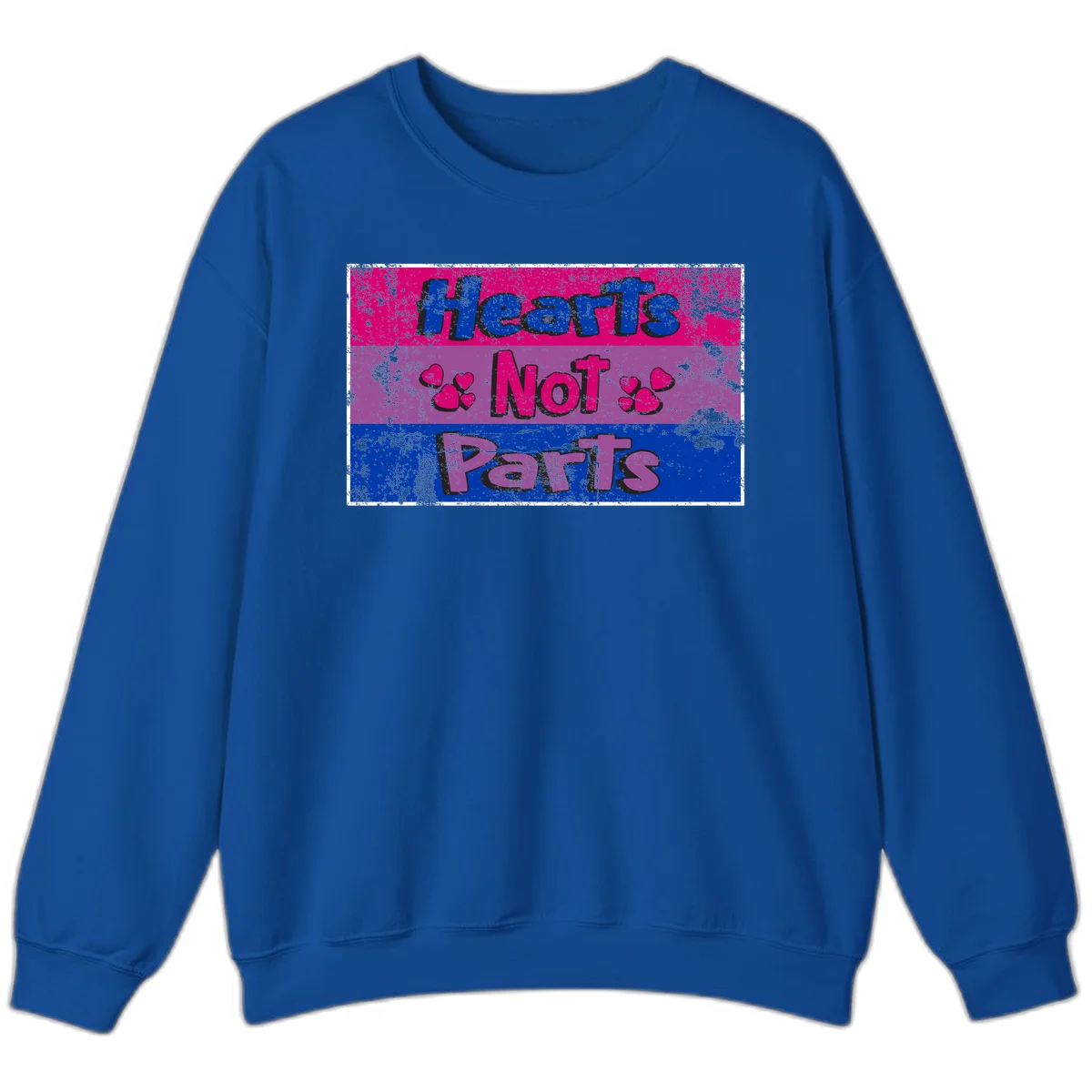 Distressed colorblock design with blue, magenta, and purple stripes featuring 'Hearts NOT Parts' text with heart icons, pride message artwork in Royal