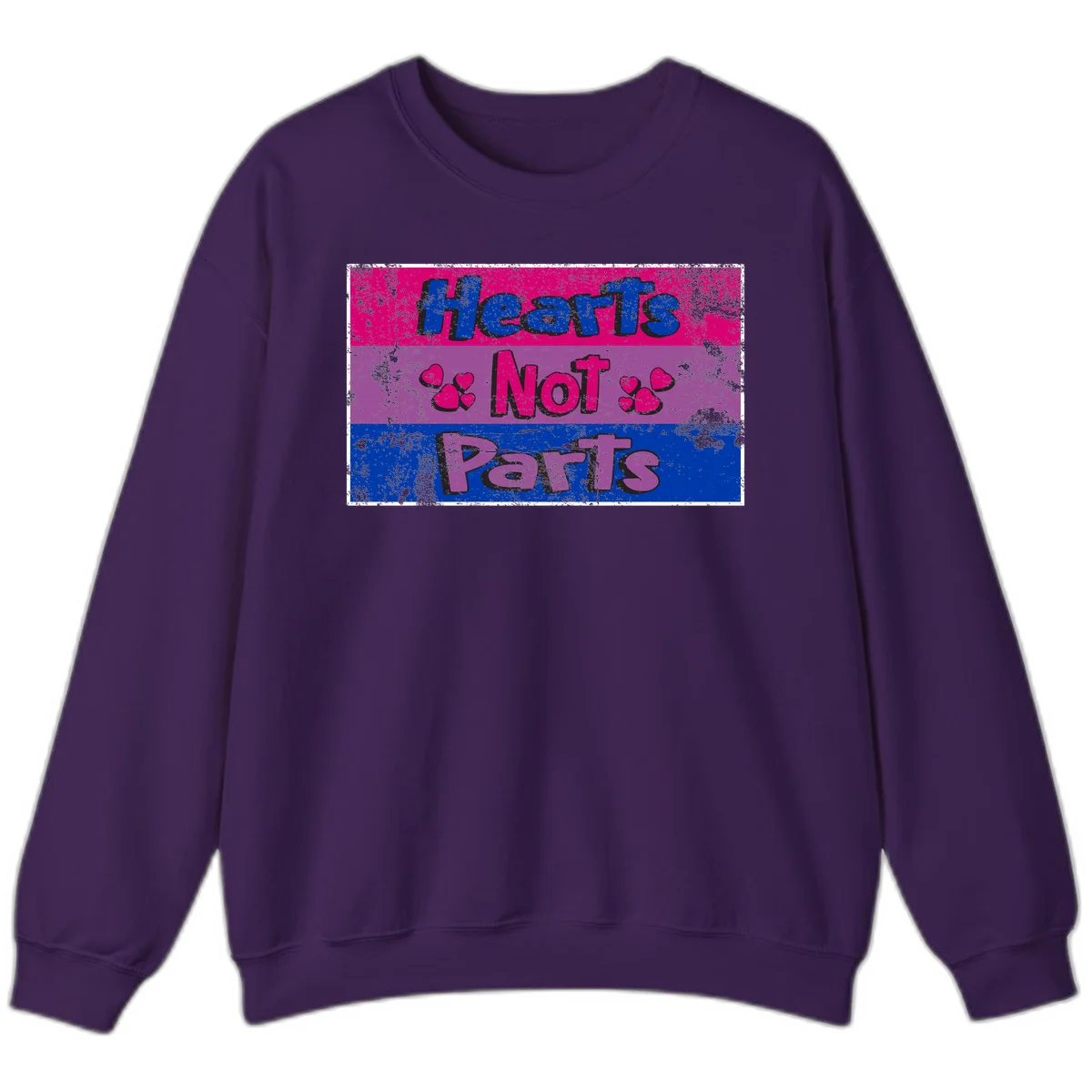 Distressed colorblock design with blue, magenta, and purple stripes featuring 'Hearts NOT Parts' text with heart icons, pride message artwork in Purple