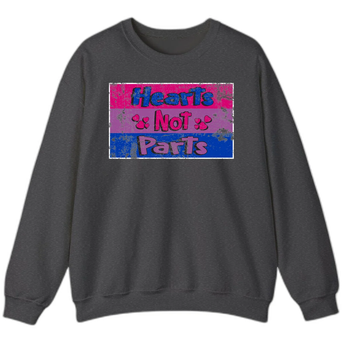 Distressed colorblock design with blue, magenta, and purple stripes featuring 'Hearts NOT Parts' text with heart icons, pride message artwork in Dark Heather