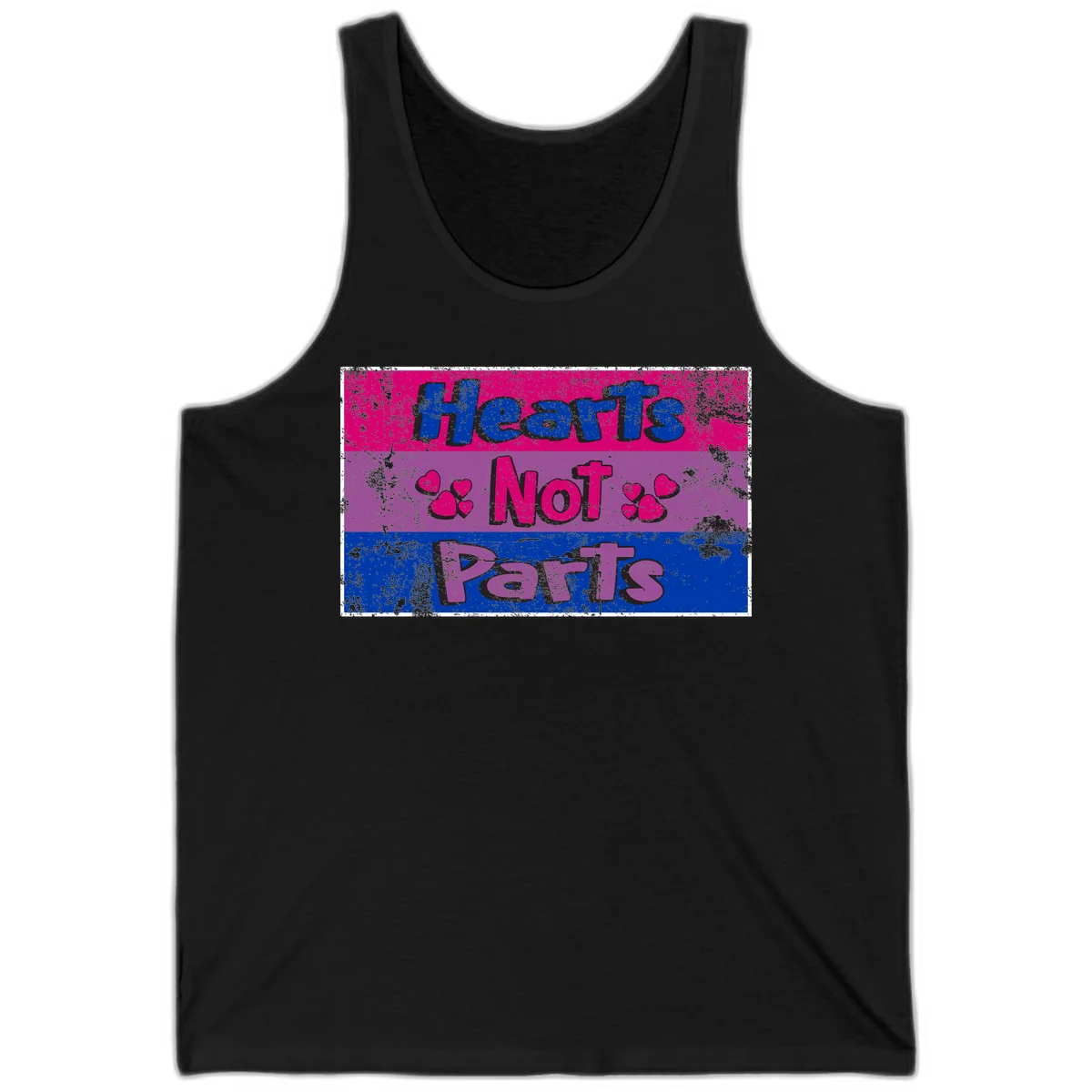 Distressed colorblock design with blue, magenta, and purple stripes featuring 'Hearts NOT Parts' text with heart icons, pride message artwork in Black