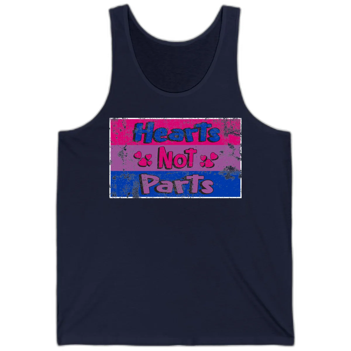 Distressed colorblock design with blue, magenta, and purple stripes featuring 'Hearts NOT Parts' text with heart icons, pride message artwork in Navy