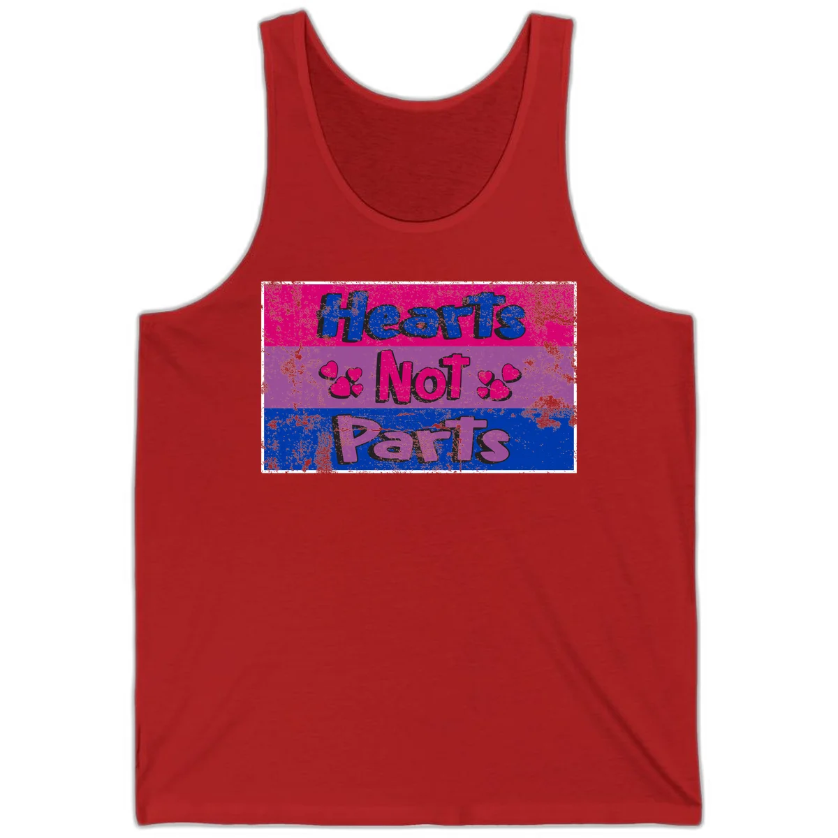 Distressed colorblock design with blue, magenta, and purple stripes featuring 'Hearts NOT Parts' text with heart icons, pride message artwork in Red