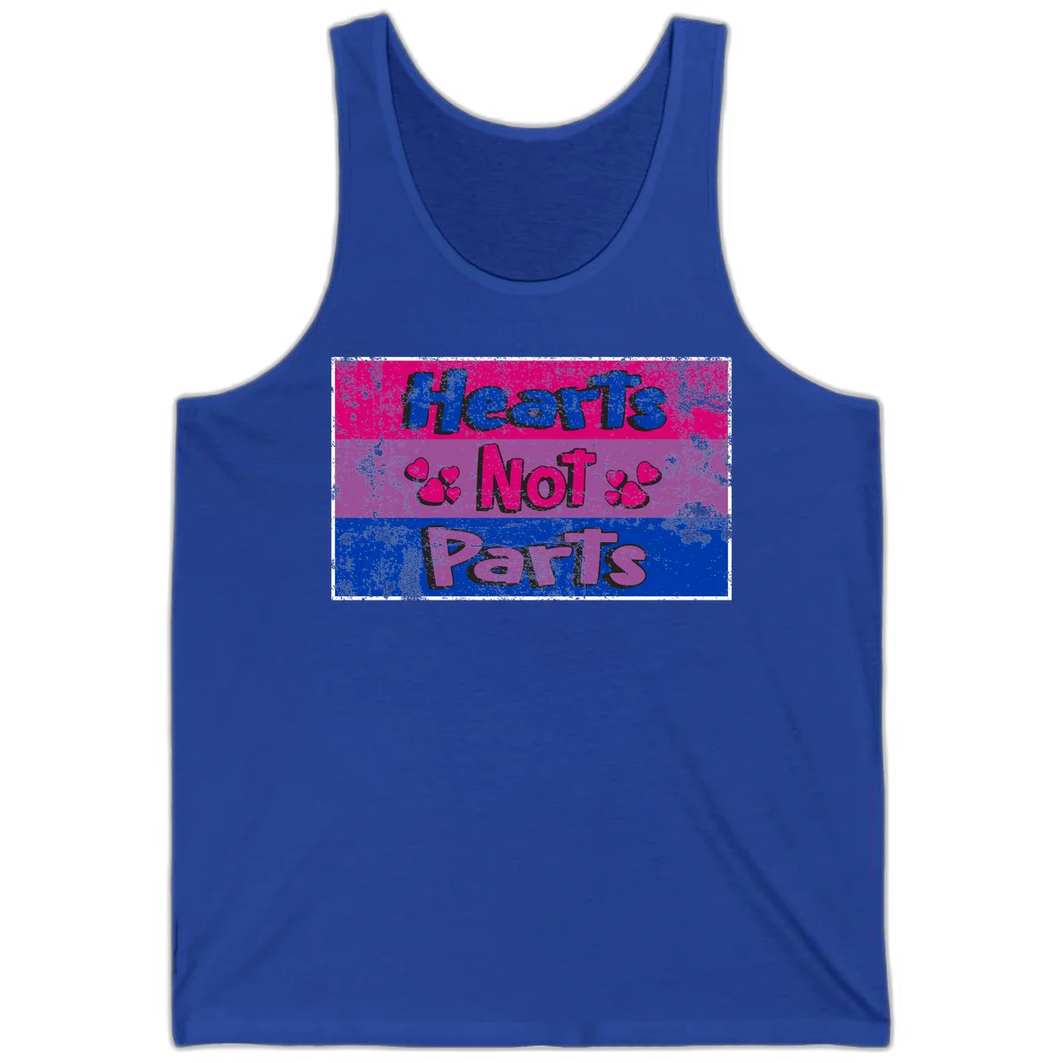Distressed colorblock design with blue, magenta, and purple stripes featuring 'Hearts NOT Parts' text with heart icons, pride message artwork in True Royal
