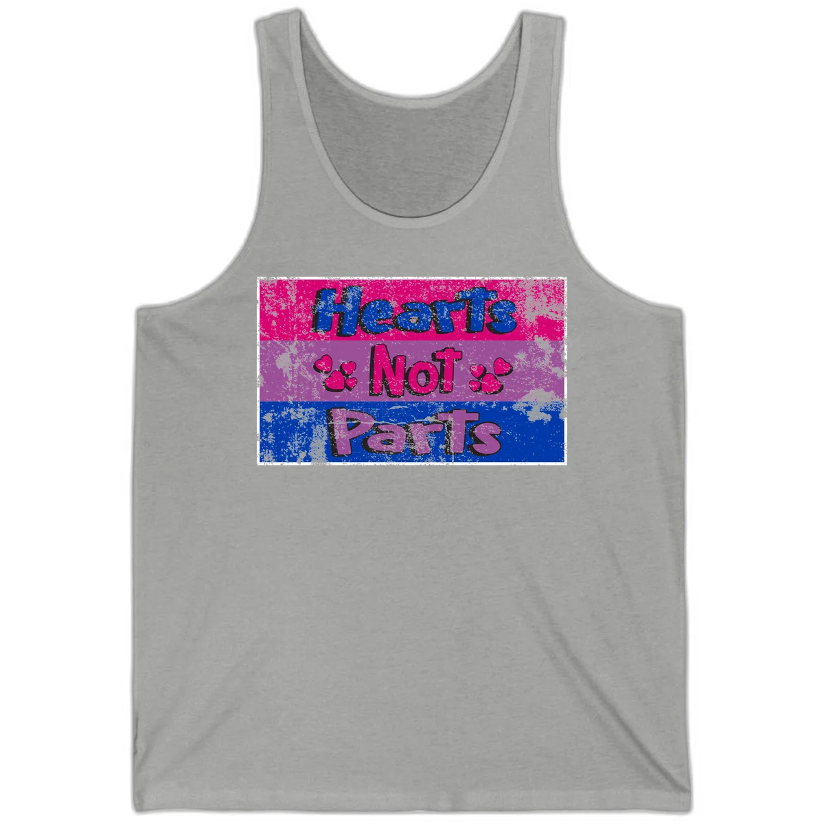 Distressed colorblock design with blue, magenta, and purple stripes featuring 'Hearts NOT Parts' text with heart icons, pride message artwork in Athletic Heather