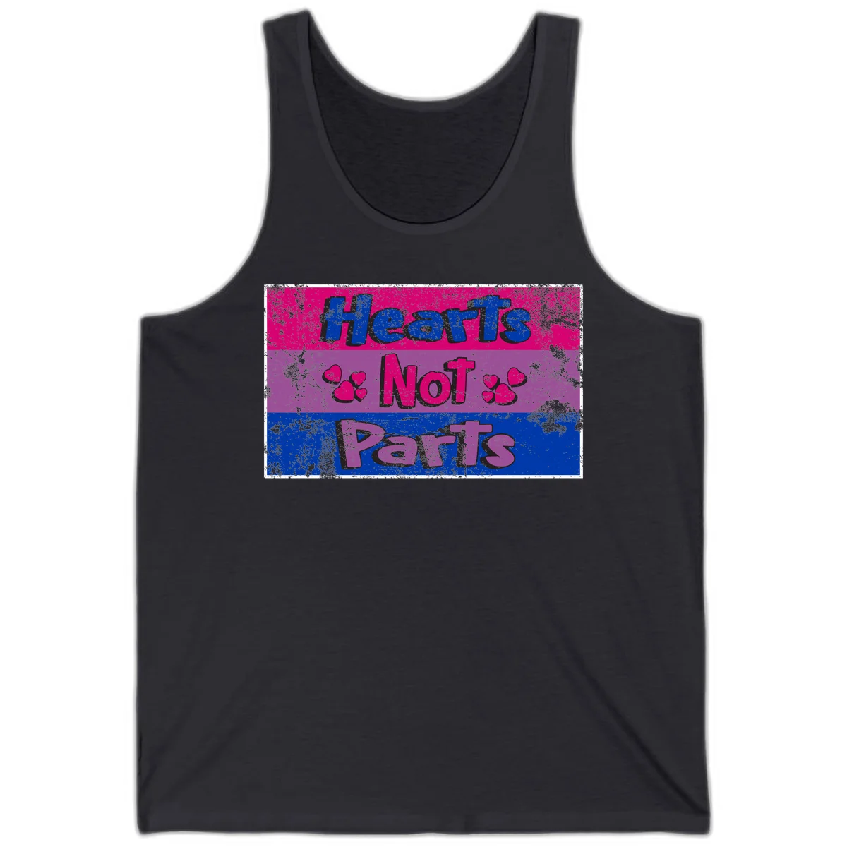 Distressed colorblock design with blue, magenta, and purple stripes featuring 'Hearts NOT Parts' text with heart icons, pride message artwork in Dark Grey