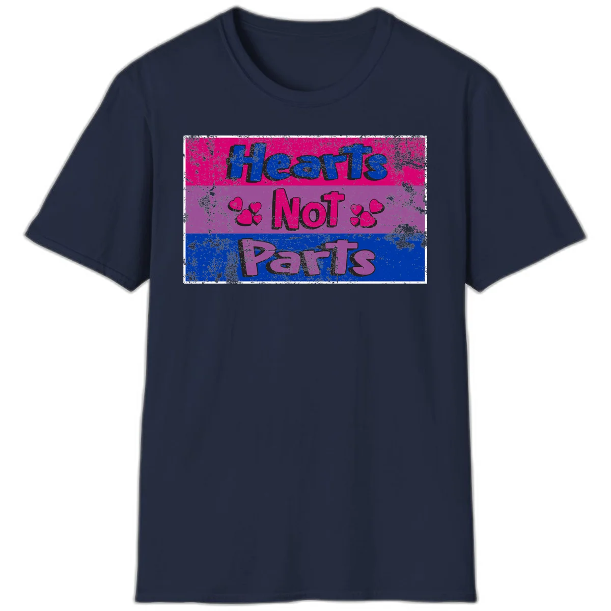 Distressed colorblock design with blue, magenta, and purple stripes featuring 'Hearts NOT Parts' text with heart icons, pride message artwork in Navy