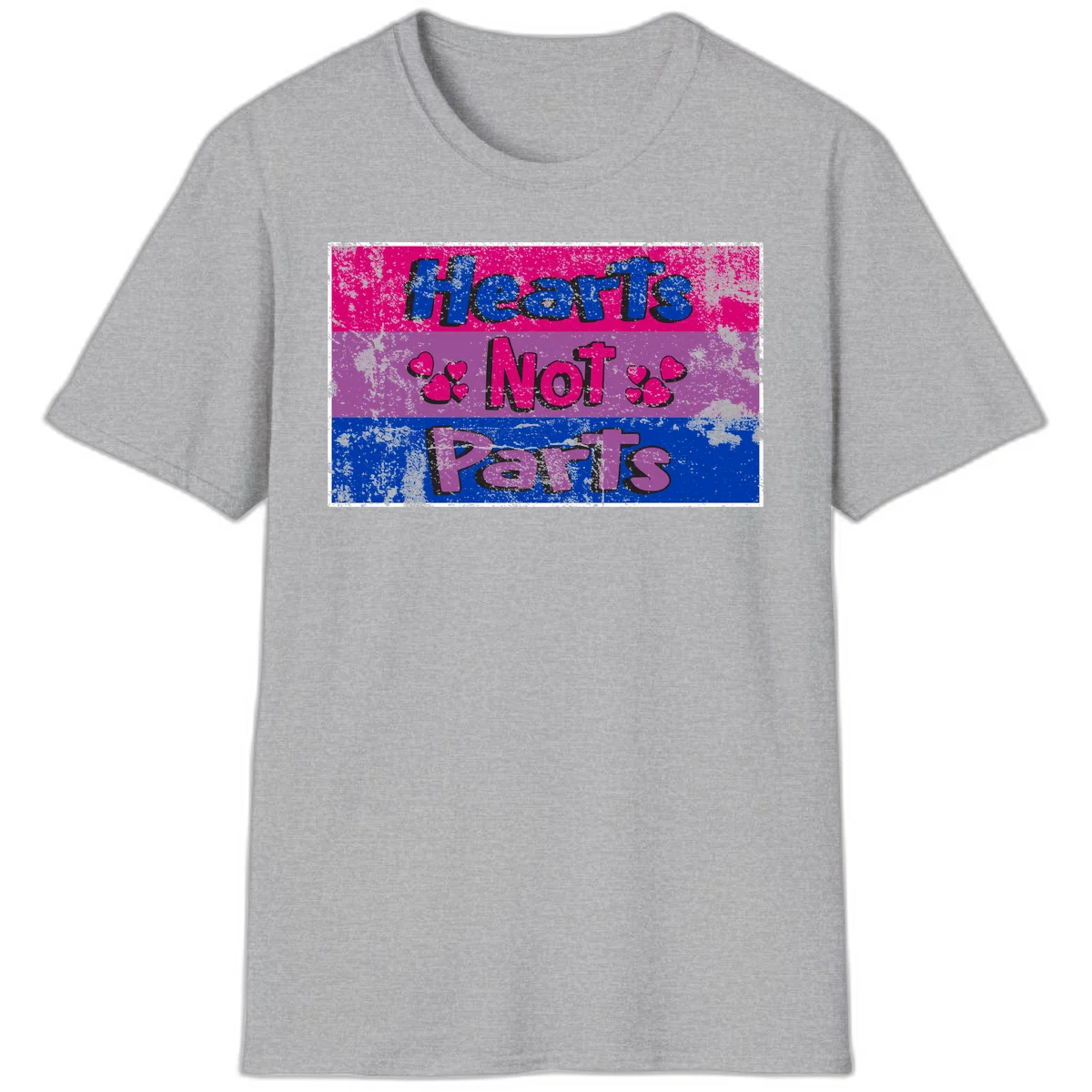 Distressed colorblock design with blue, magenta, and purple stripes featuring 'Hearts NOT Parts' text with heart icons, pride message artwork in Sport Grey
