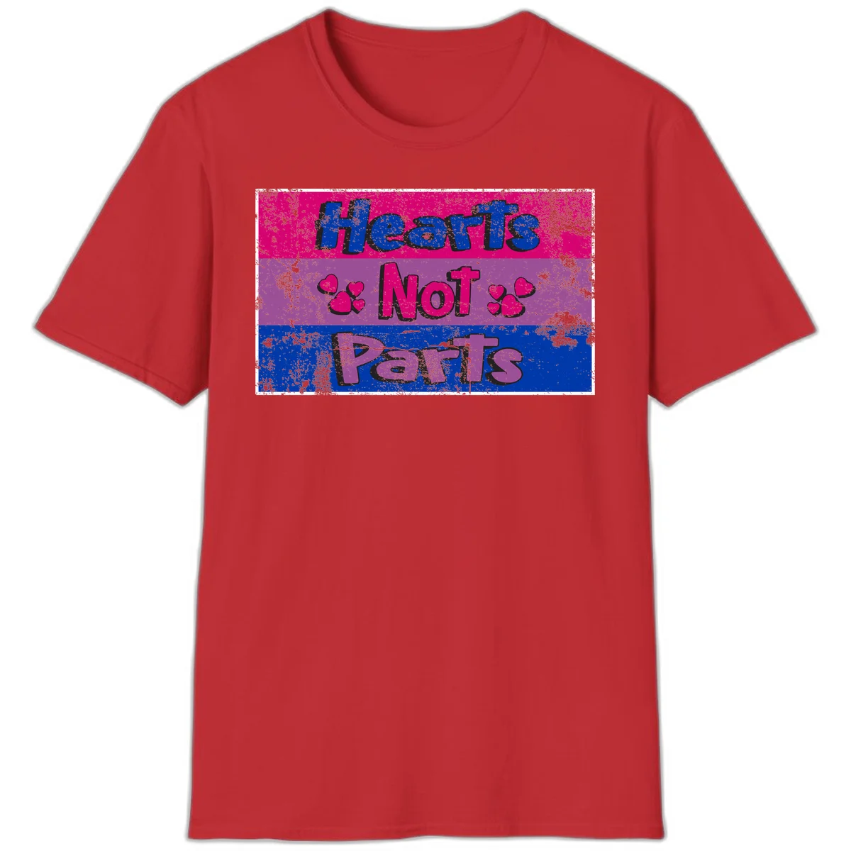Distressed colorblock design with blue, magenta, and purple stripes featuring 'Hearts NOT Parts' text with heart icons, pride message artwork in Red