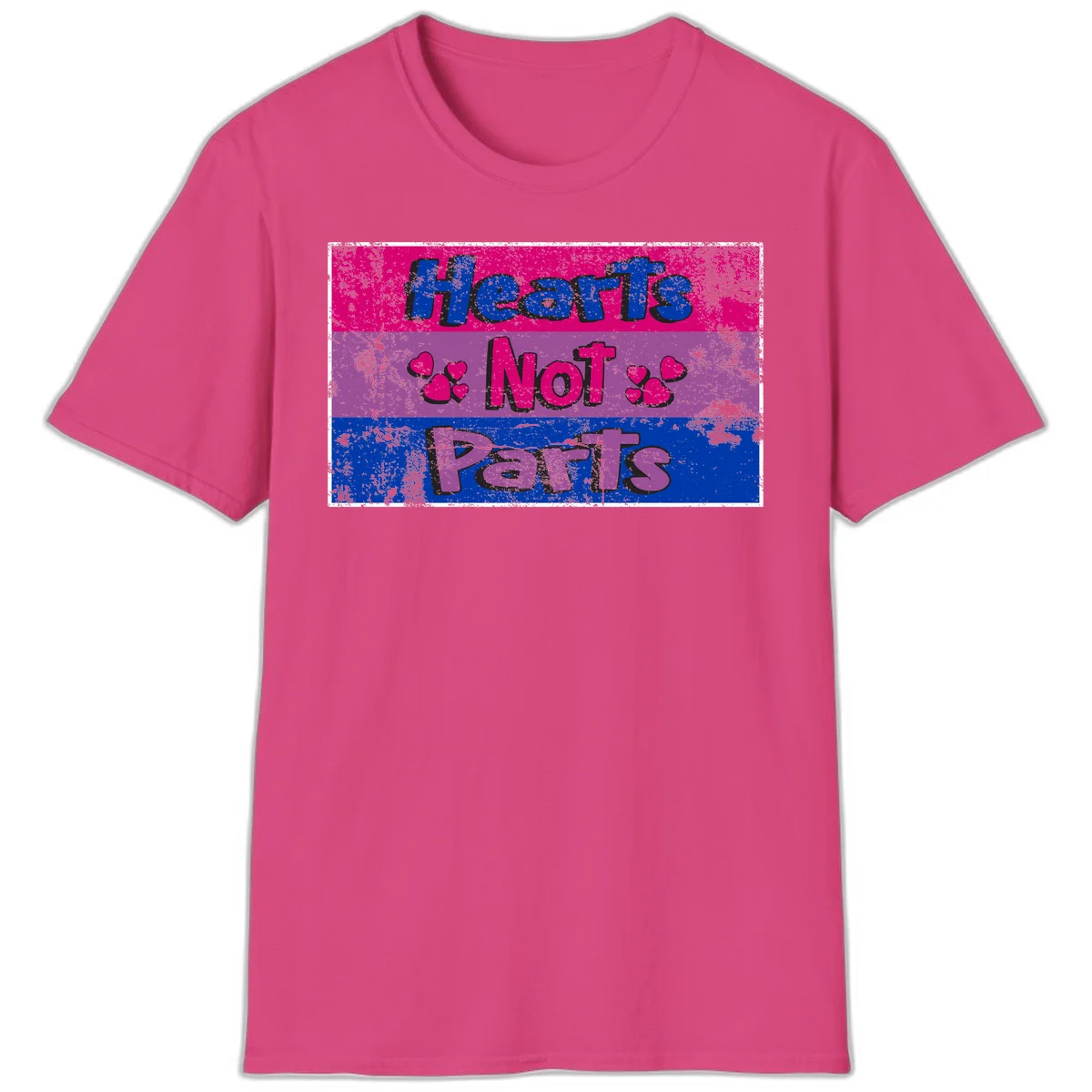 Distressed colorblock design with blue, magenta, and purple stripes featuring 'Hearts NOT Parts' text with heart icons, pride message artwork in Heliconia