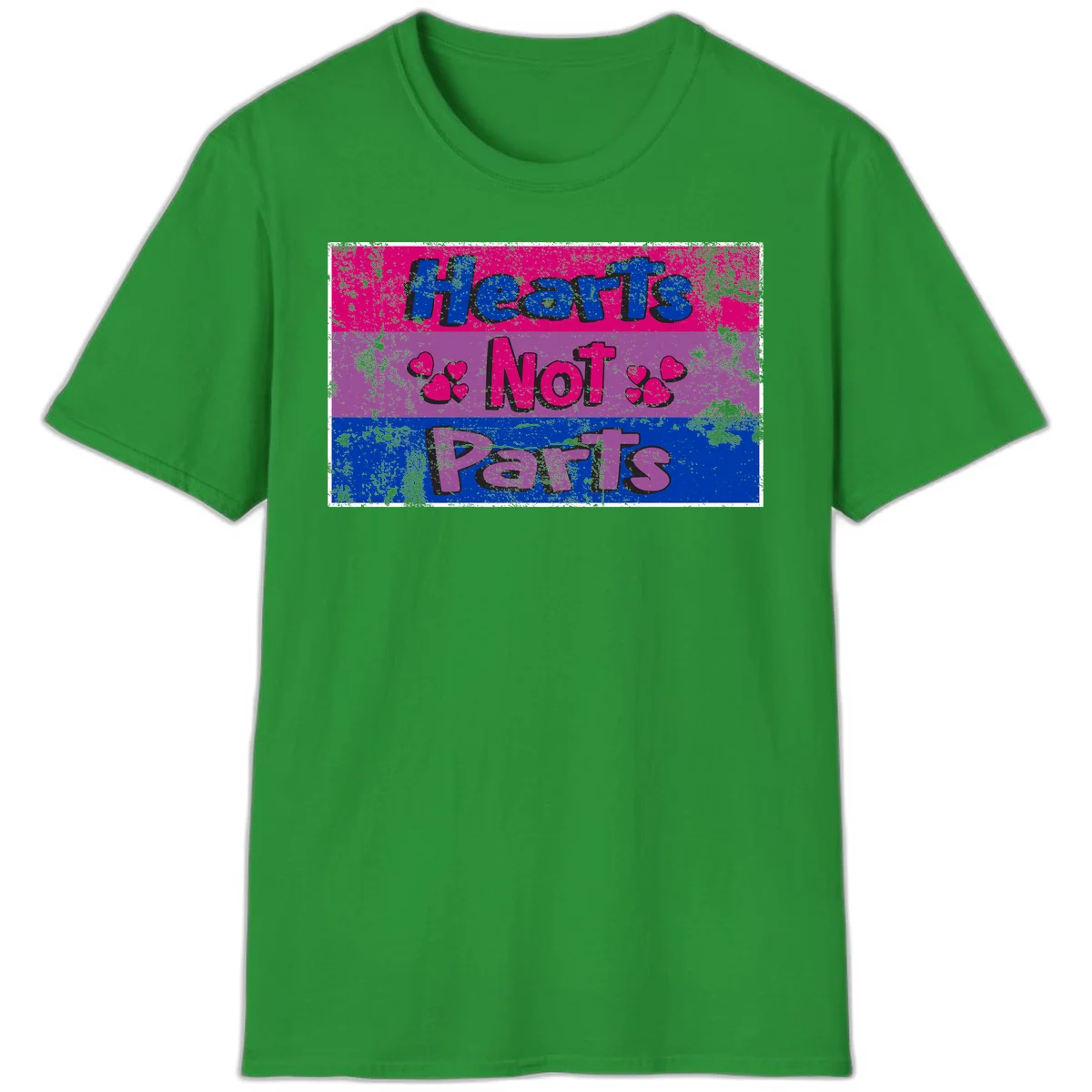 Distressed colorblock design with blue, magenta, and purple stripes featuring 'Hearts NOT Parts' text with heart icons, pride message artwork in Irish Green