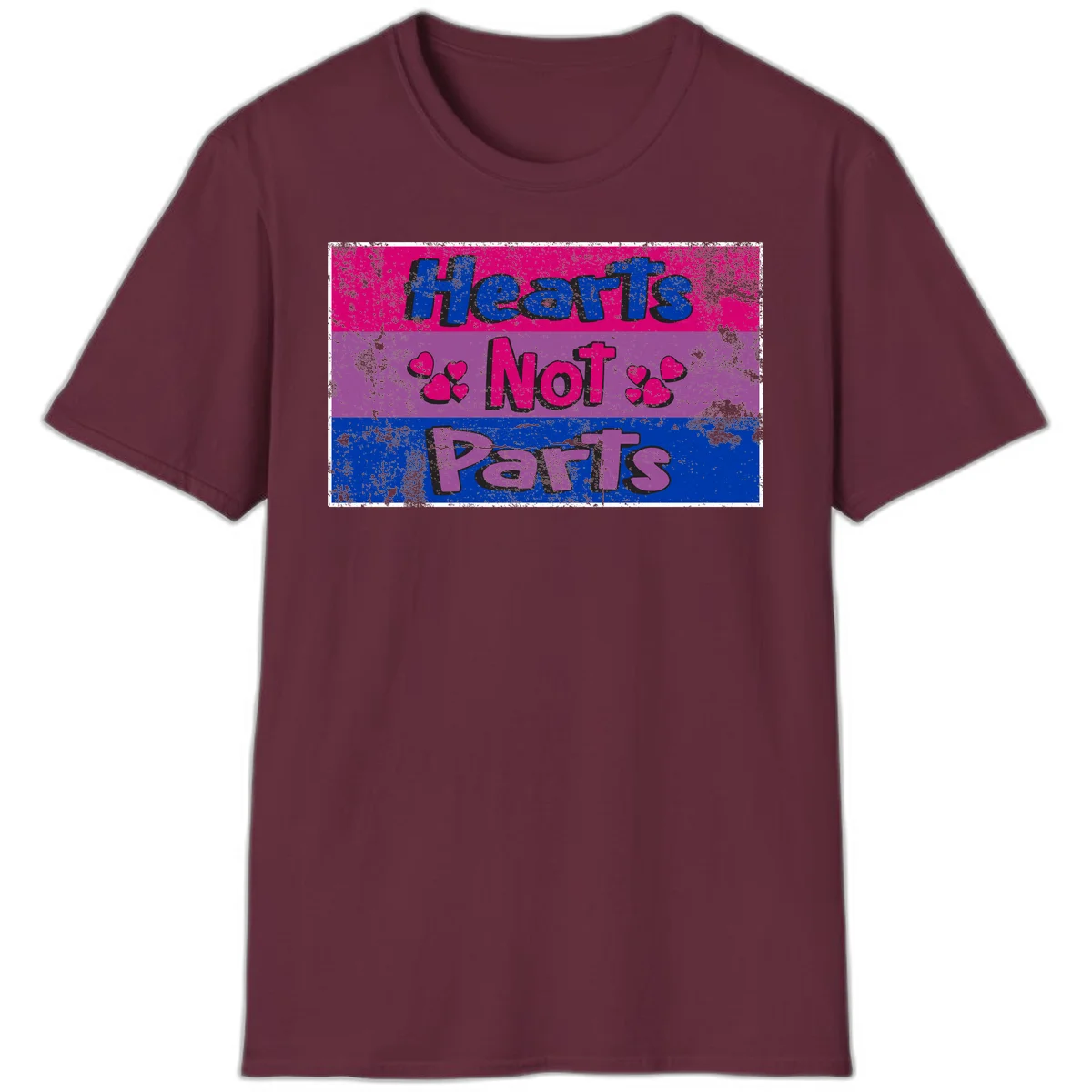 Distressed colorblock design with blue, magenta, and purple stripes featuring 'Hearts NOT Parts' text with heart icons, pride message artwork in Maroon